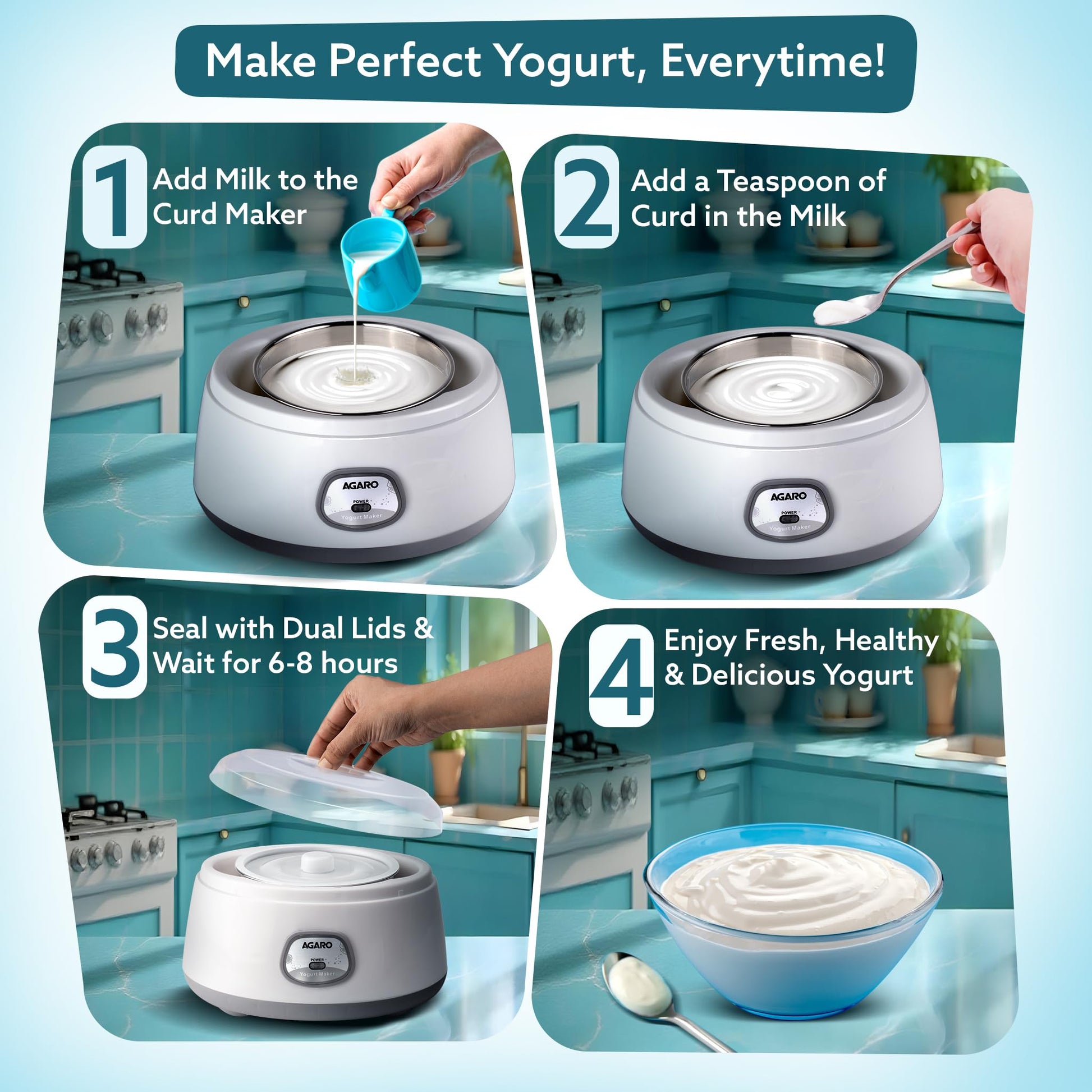 AGARO Classic Portable Yogurt Maker, 1.2L Capacity, Electric, Automatic, Grey and White. - Medaid International