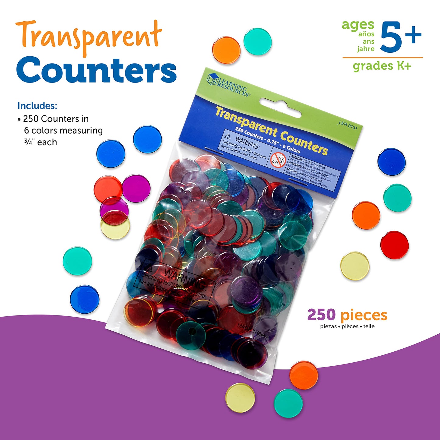 Learning Resources Transparent Color Counting Chips - 250 Pieces, Ages 5+, Math Counters for Kids, Counting Chips, Perfect for Bingo Games,Back to School Supplies,Teacher Supplies - Medaid International