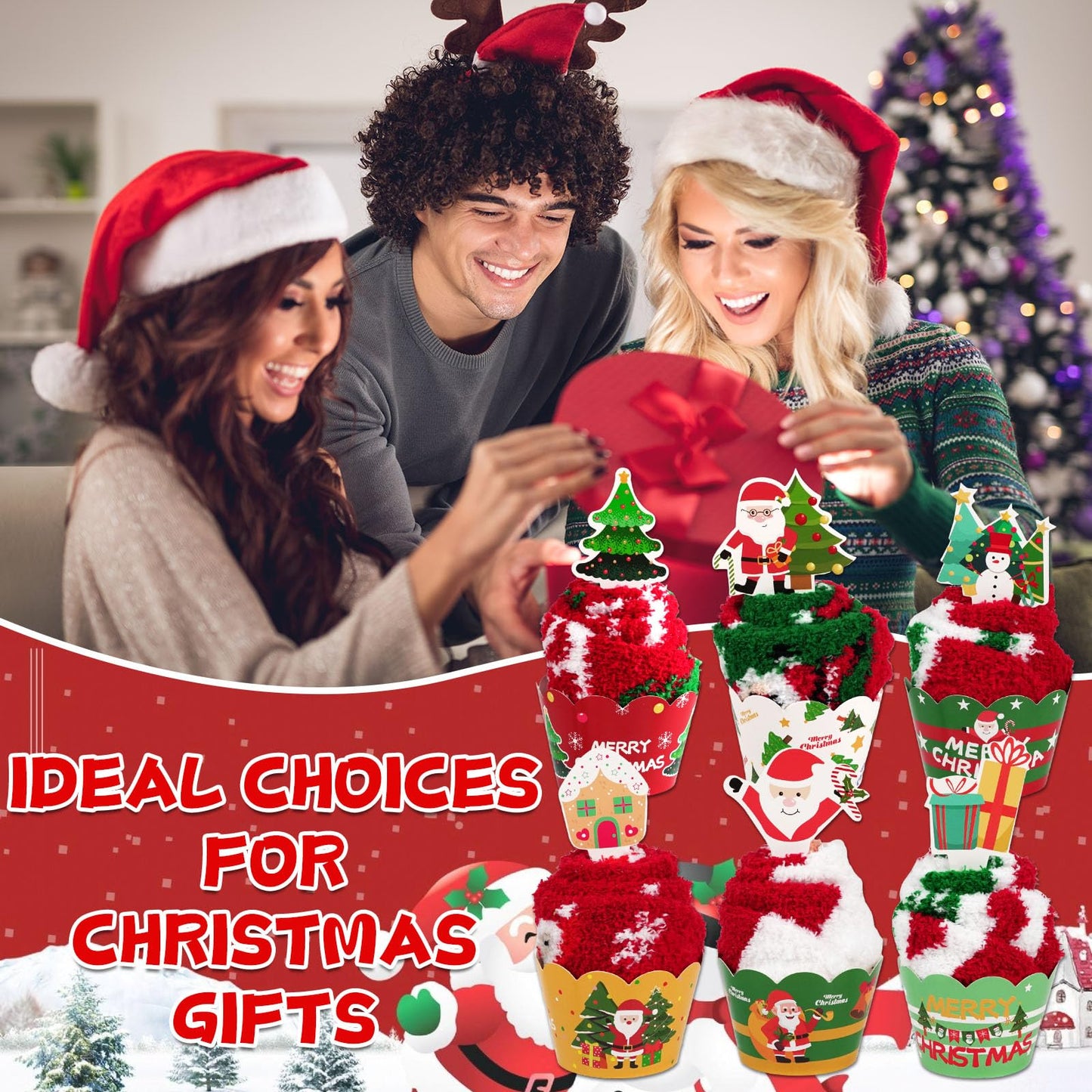 12 Pairs Christmas Fuzzy Socks Christmas Cupcake Fuzzy Socks DIY Gift Set for Women and Girls Xmas Thick Cozy Bed Sock with Greeting Cards for Adult Kids Party Home Indoor Sleeping Xmas Holiday - Medaid International