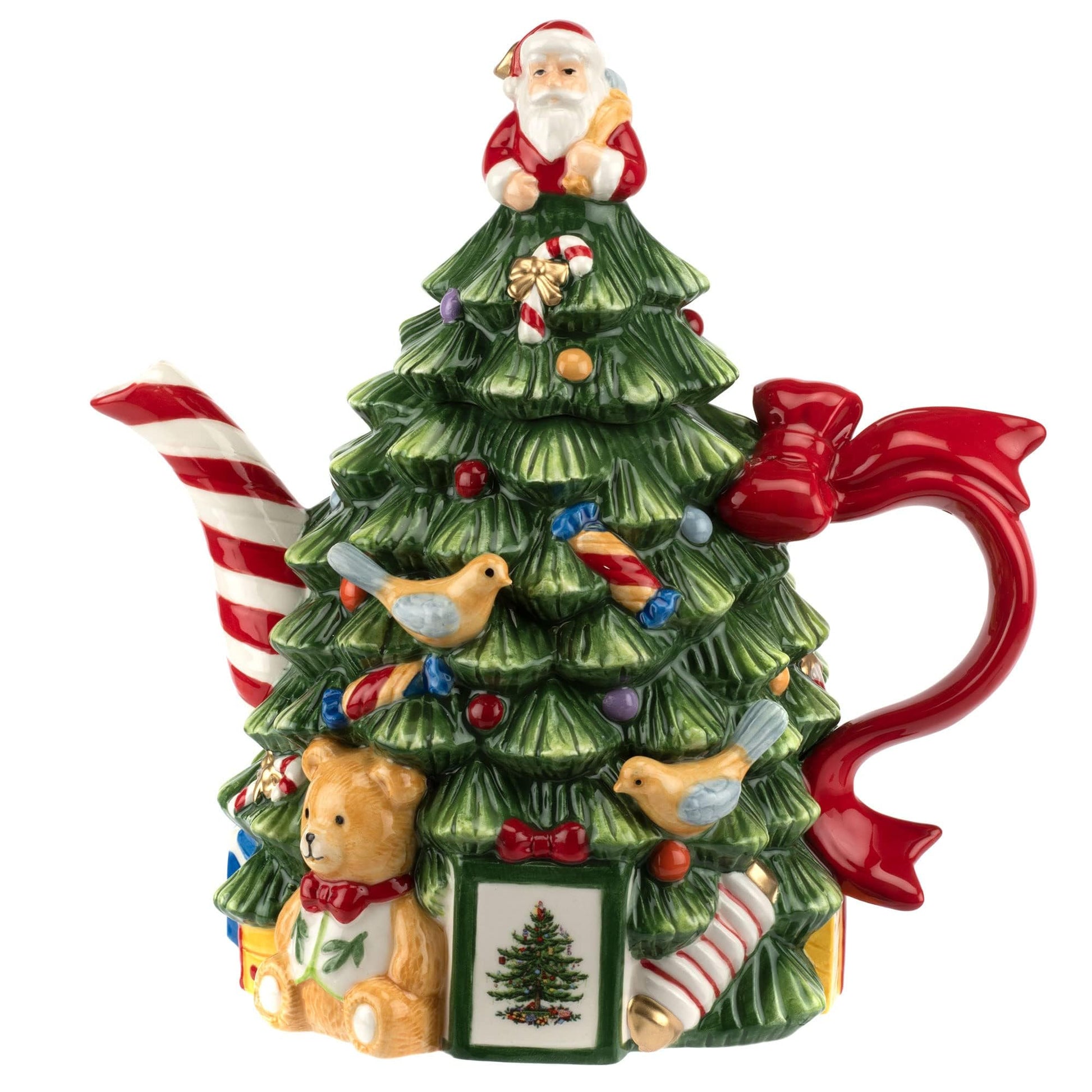 Spode Christmas Tree Figural Teapot - Festive 27 oz Christmas Teapot with Mistletoe Accents, Peppermint Stripe Spout, and Ribbon Handle - Decorative Dolomite Tea Pot for Holiday Tea Parties - Medaid International