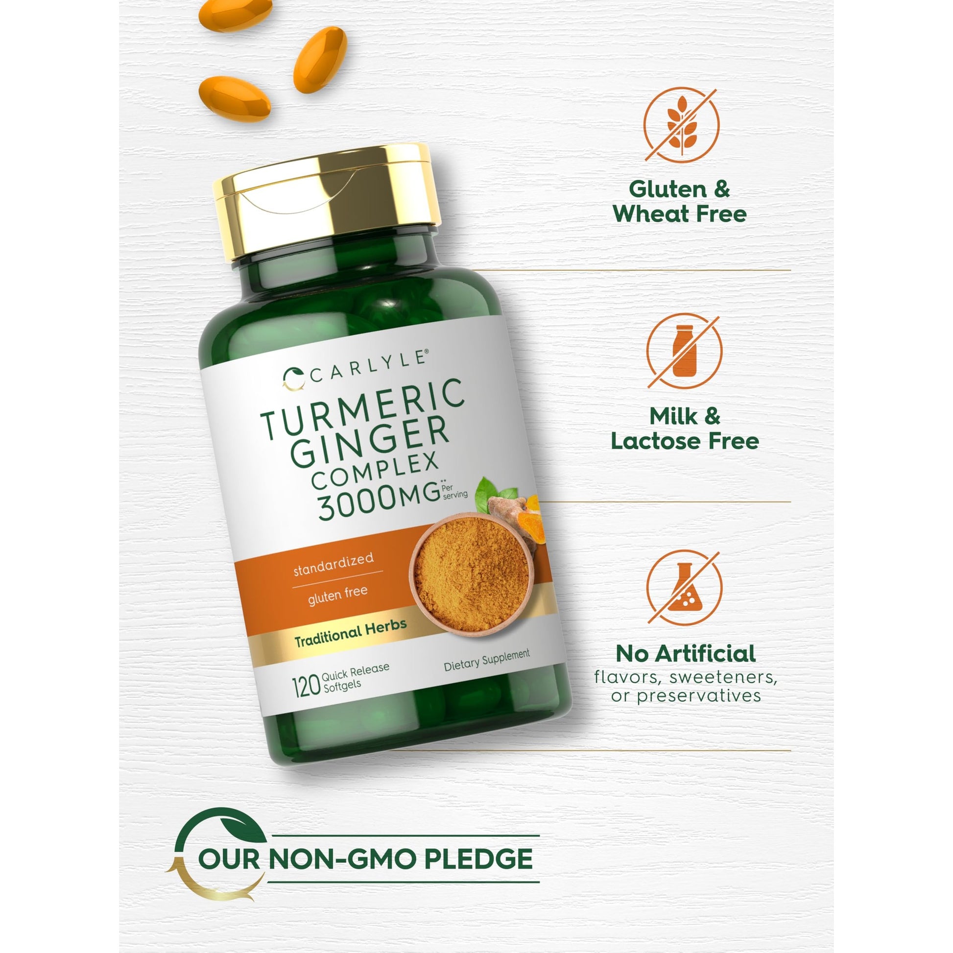 Carlyle Turmeric and Ginger Supplement 3000 mg | 120 Softgel Capsules | Turmeric Curcumin Complex | with Black Pepper Extract | Non-GMO, Gluten Free - Medaid International