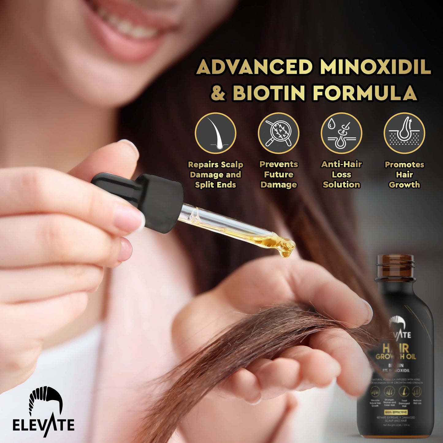 Elevate Hair Regrowth Treatment 5% Minoxidil Solution - Biotin Serum Hair Growth Oil for Men & Women - Thicker Fuller Stronger Hair - Stops Hair Loss & Thinning - Natural Hair Thickening Treatment 1oz - Medaid International