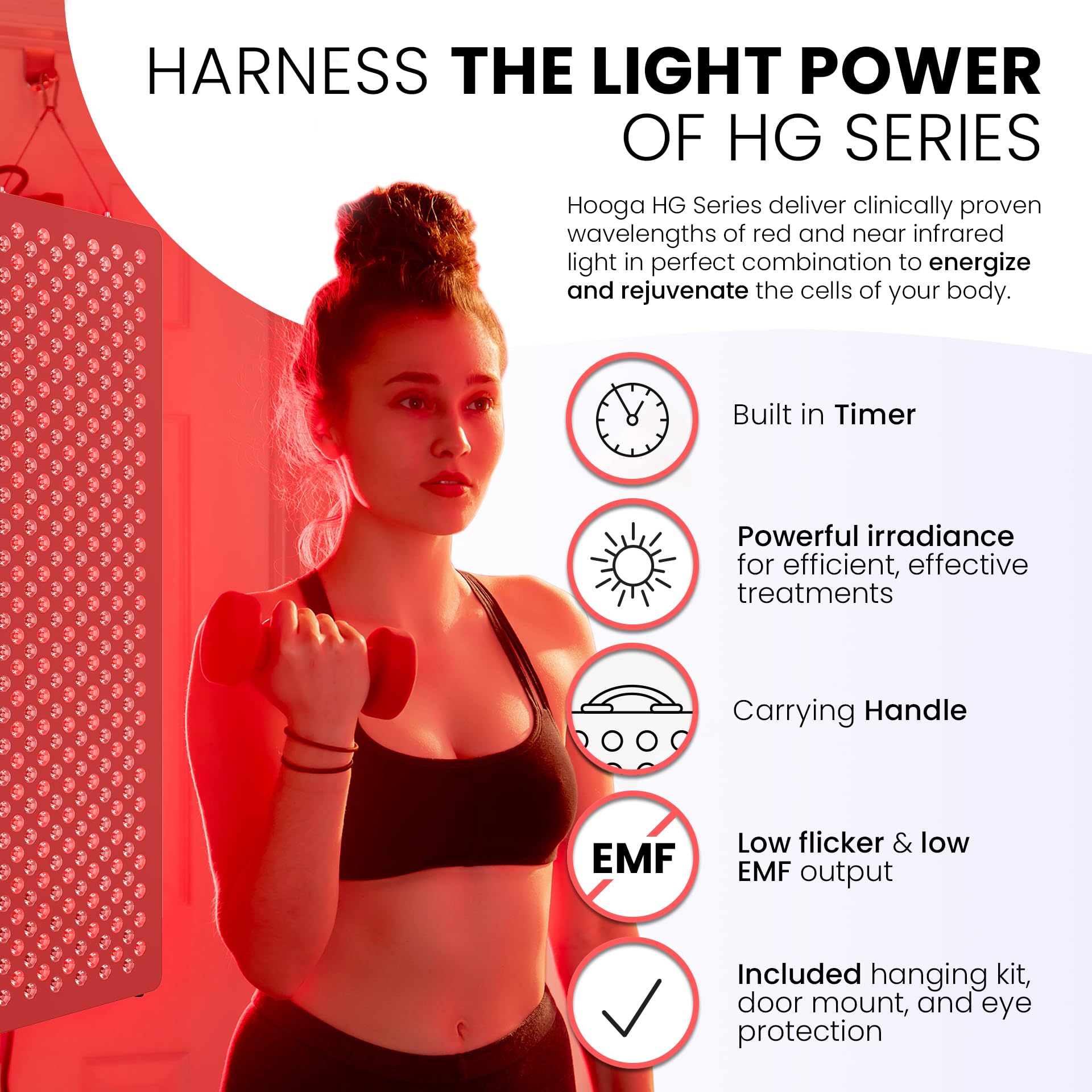 Hooga Red Light Therapyfor Face & Body, 60 LEDs, 660nm Red 850nm Near Infrared with Timer for Pain Relief, Skin Health, Anti-Aging, Sleep, Energy & Recovery, Includes Hanging Kit & Handle - HG300 - Medaid International