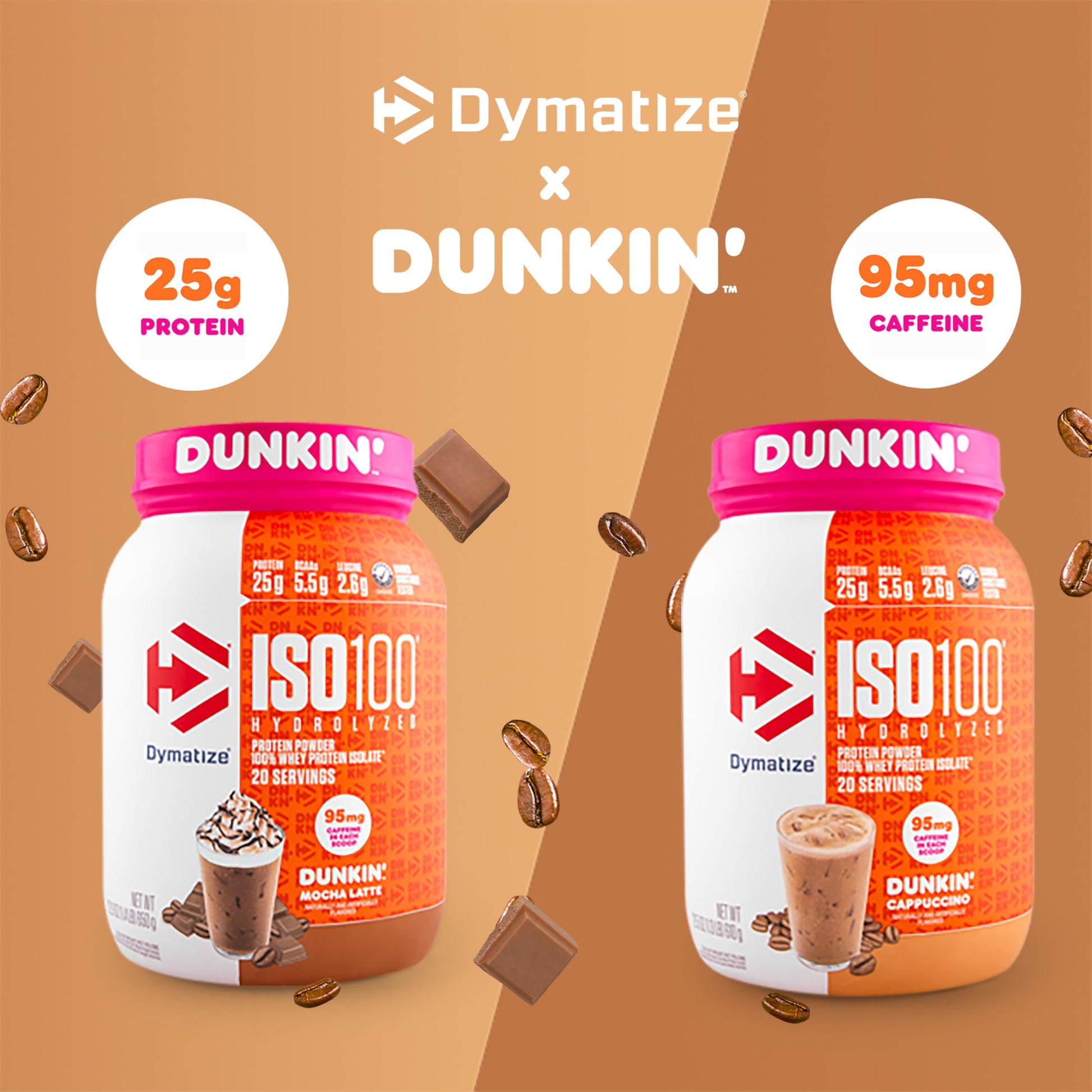 Dymatize x Dunkin' Cappuccino ISO100 Whey Protein Powder, 95mg Caffeine, 25g of Protein5.5g BCAAs, 120 Cal., Gluten Free, 1g Fat, 1g Sugar, 2g Carb (20 Servings) - Medaid International