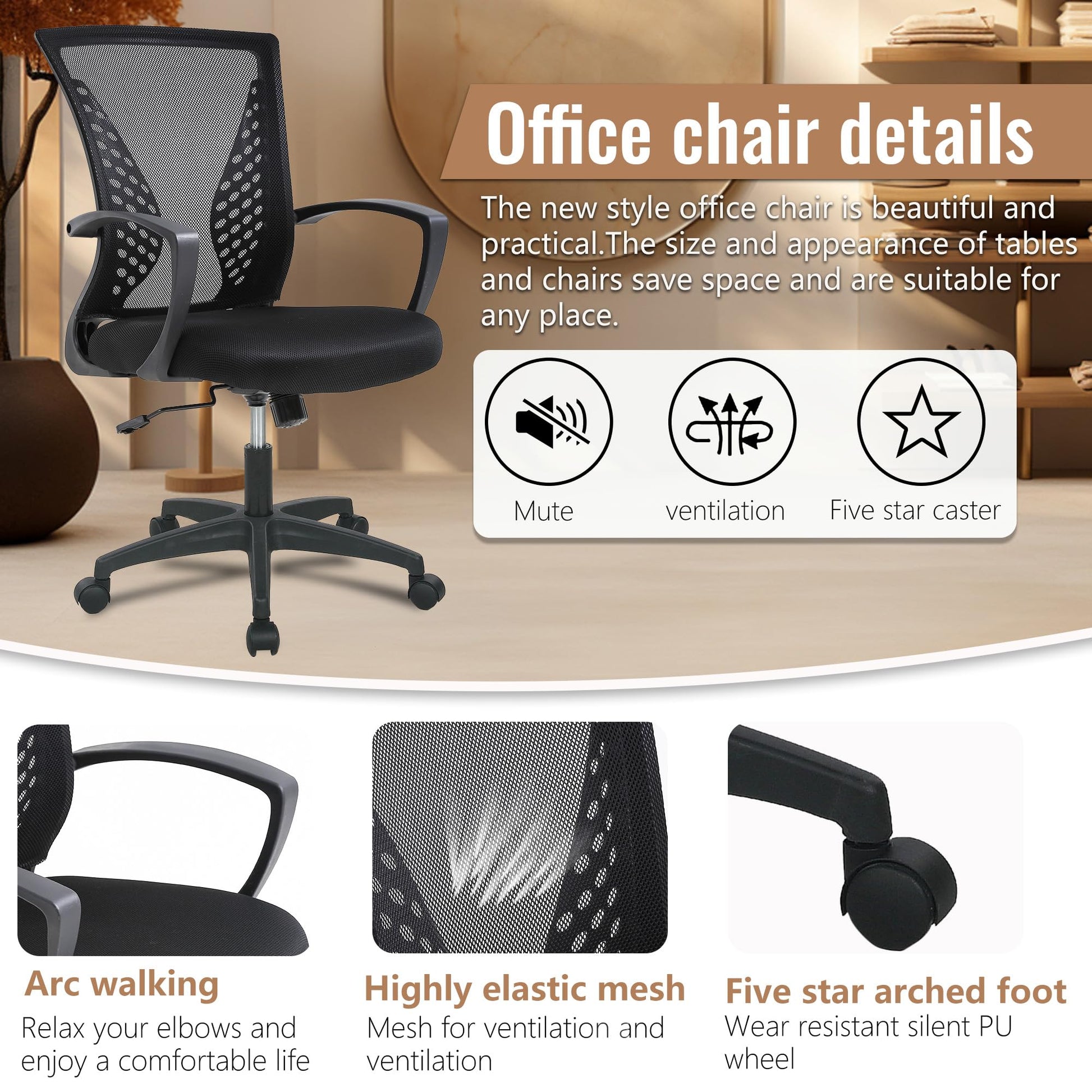 Home Office Chair Mid Back PC Swivel Lumbar Support Adjustable Desk Task Computer Ergonomic Comfortable Mesh Chair with Armrest (Black) - Medaid International