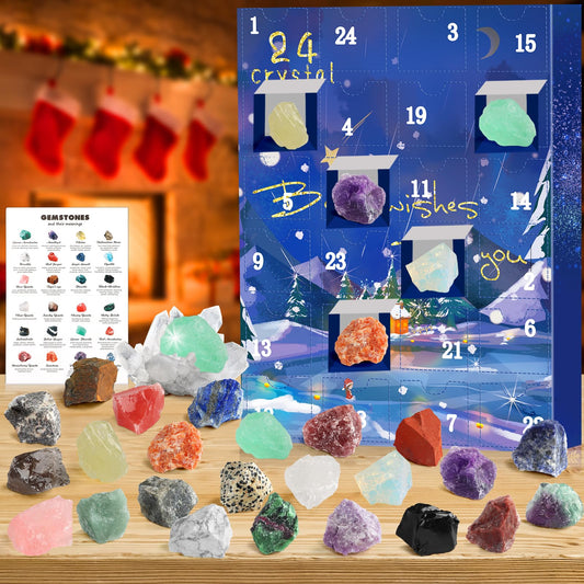 JELMOK Advent Calendar 2024, 24 Days Natural Healing Crystal Gemstones Minerals & Fossils Advent Calendar Crystals Christmas Calendar Enthusiasts Rocks Collection for Xmas Girls Boys Kids Men Women (Blue) - Medaid International