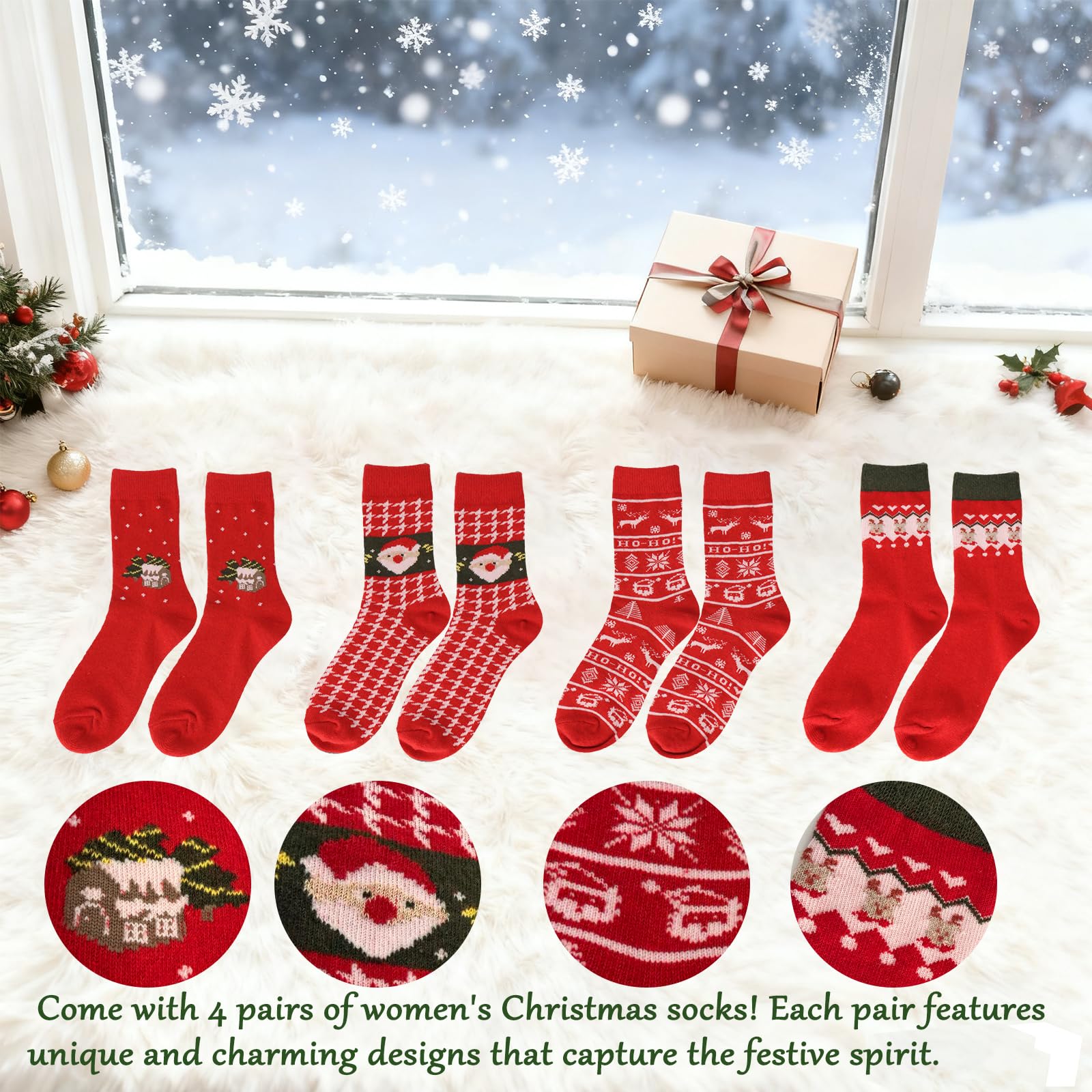 Chanseen 4 Pairs Women's Christmas Crew Socks Red Socks with Snowflakes, Santa, Reindeer, Tree Patterns for Xmas Winter Holiday - Medaid International
