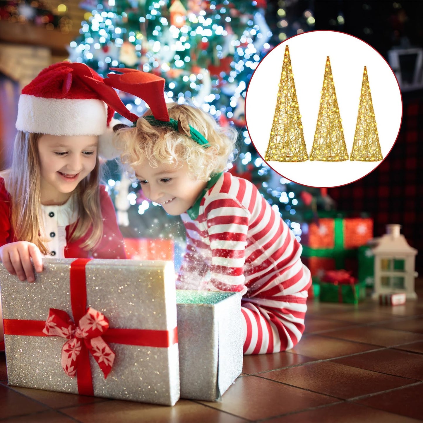 Baquler 3 Pcs LED Lighted Christmas Cone Trees Christmas Tree Ornament Gold Glittered Battery Operated Christmas Decoration Xmas Table Decor for Indoor Home Bedroom Tabletop Centerpiece Holiday Party - Medaid International
