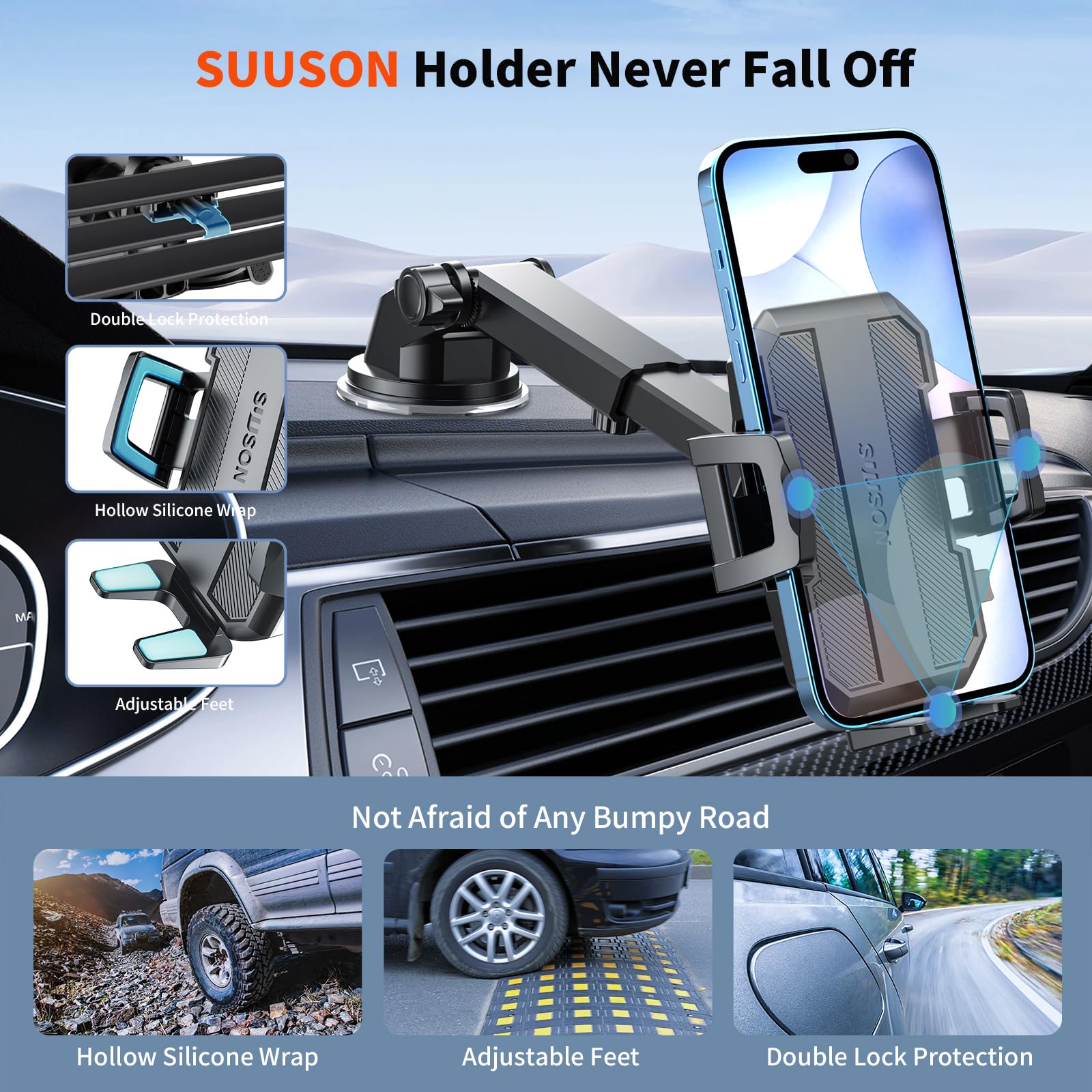 SUUSON Upgraded 3-in-1 Car Phone Holder Mount [Powerful Suction] Phone Mount for Car Dashboard Air Vent Windshield,for All iPhone Android Phone (Black) - Medaid International