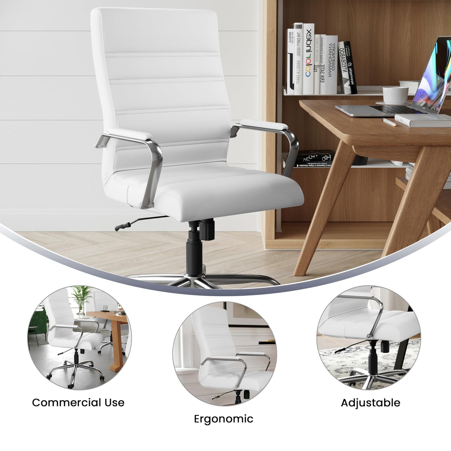Flash Furniture Whitney High-Back Swivel LeatherSoft Desk Chair with Padded Seat and Armrests, Adjustable Height Padded Office Chair, White/Chrome - Medaid International
