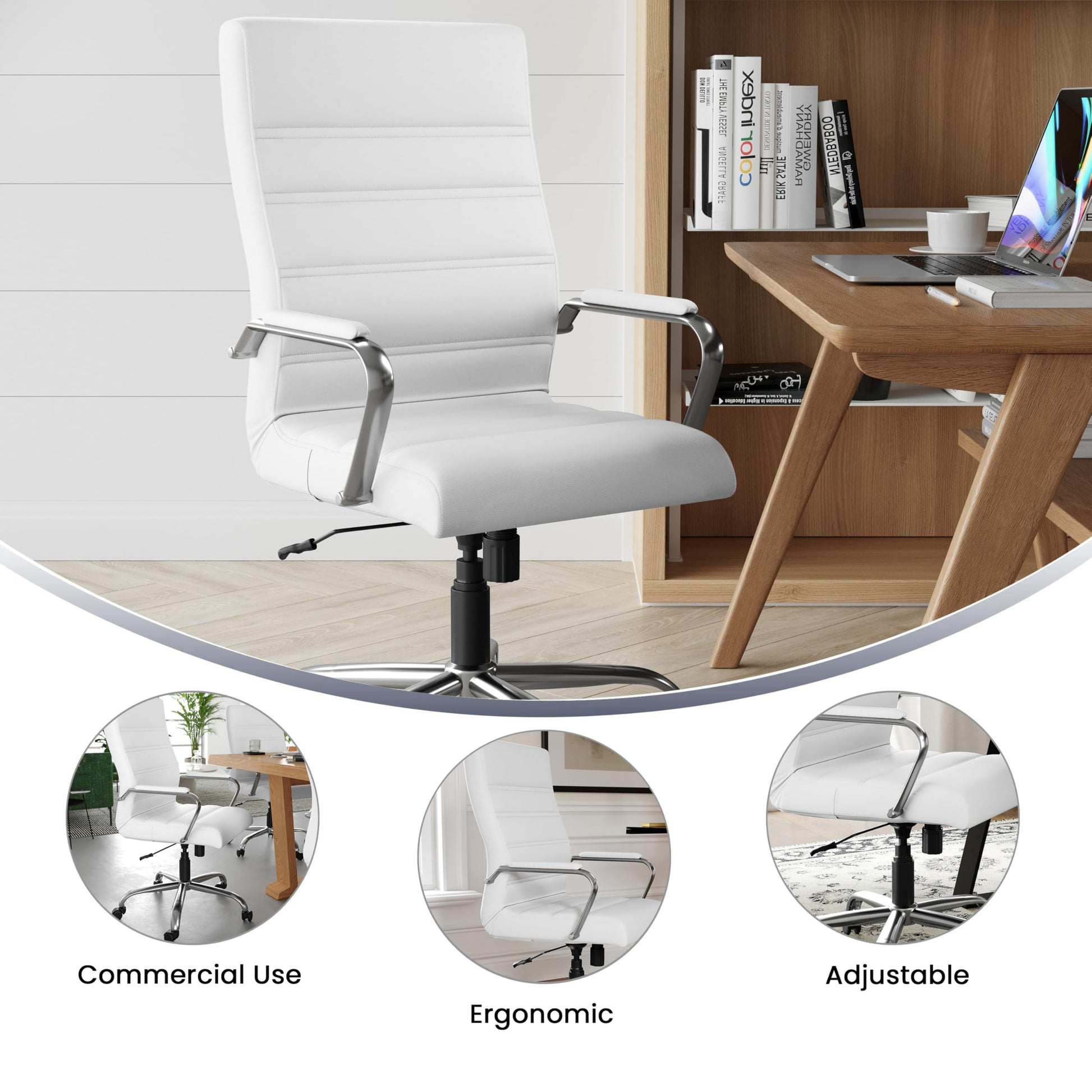 Flash Furniture Whitney High-Back Swivel LeatherSoft Desk Chair with Padded Seat and Armrests, Adjustable Height Padded Office Chair, White/Chrome - Medaid International