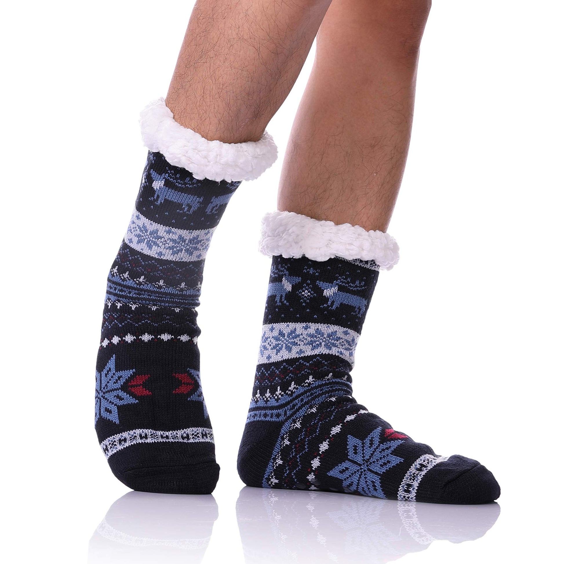DYW Mens Fuzzy Slipper Socks Warm Thick Heavy Thermal Fleece lined Fluffy Winter Non Slip Socks (Dark Blue A) - Medaid International