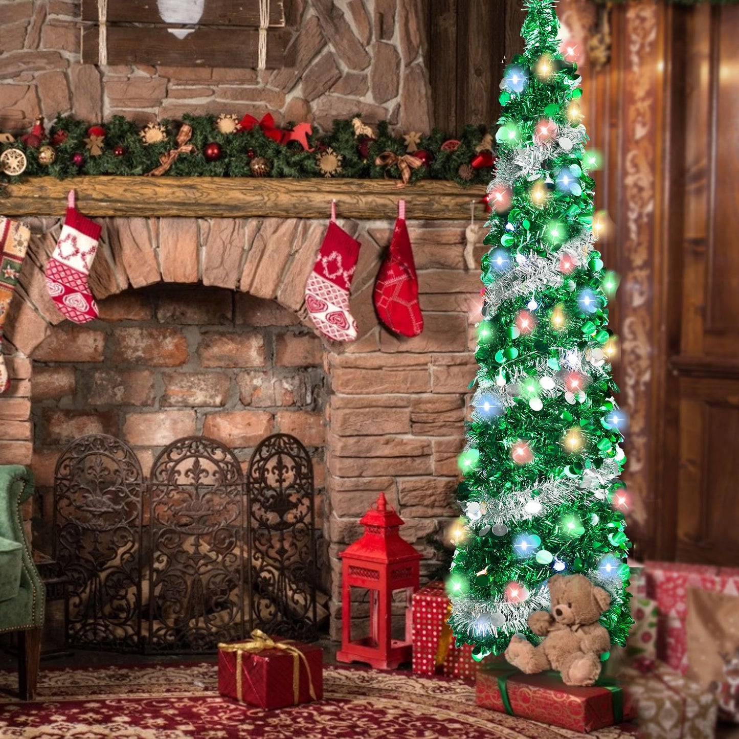 5FT Pop Up Christmas Tree with 90 LED Lights, Collapsible Artificial Pencil Christmas Tree, Tinsel Skinny Christmas Trees for Home Apartment Porch Indoor Outdoor Holiday Decorations - Medaid International