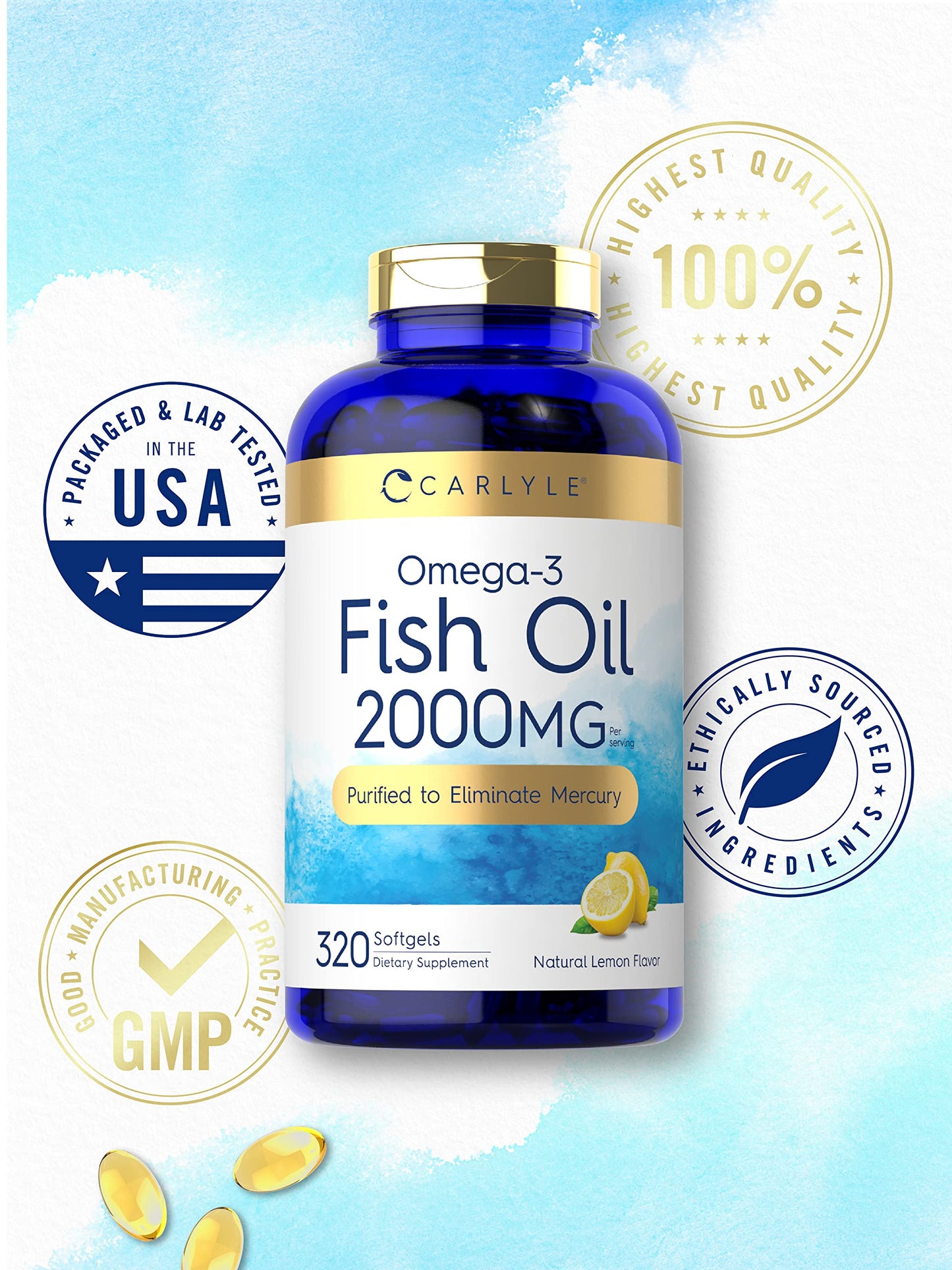 Carlyle Fish Oil Omega 3 Supplements | 2000mg | 320 Softgels | EPA & DHA | 600mg Total Omega-3 | Non-GMO, Gluten Free Pills - Medaid International