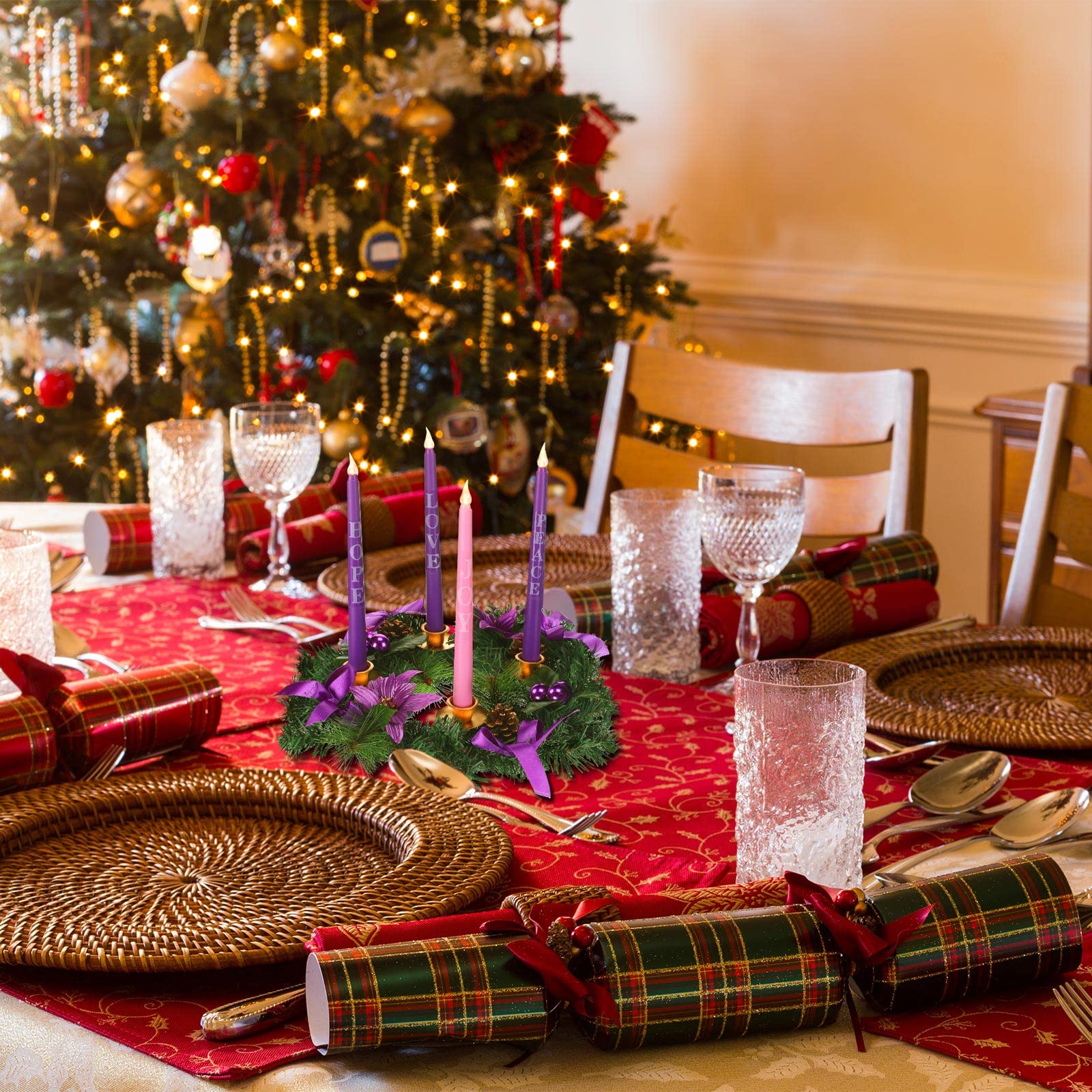 Kathfly 5 Pcs Christmas Advent Wreath with 4 Flameless Candles Holder with Hope Peace Love Joy Candle Christmas Centerpiece Decorations Pine Cones Bowknot for Xmas Advent Holiday Party (Purple) - Medaid International