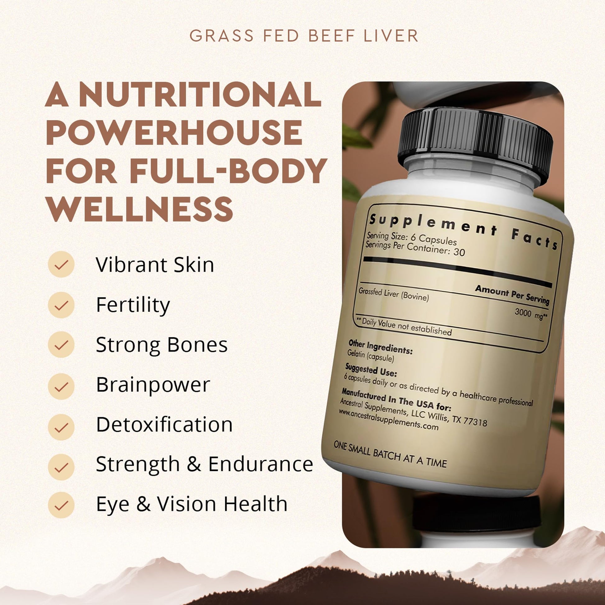 Ancestral Supplements Grass Fed Beef Liver 180 Capsules, Supports Energy Production, Detoxification, Digestion, Immunity and Full Body Wellness, Non-GMO, Freeze Dried Liver Health Supplement - Medaid International