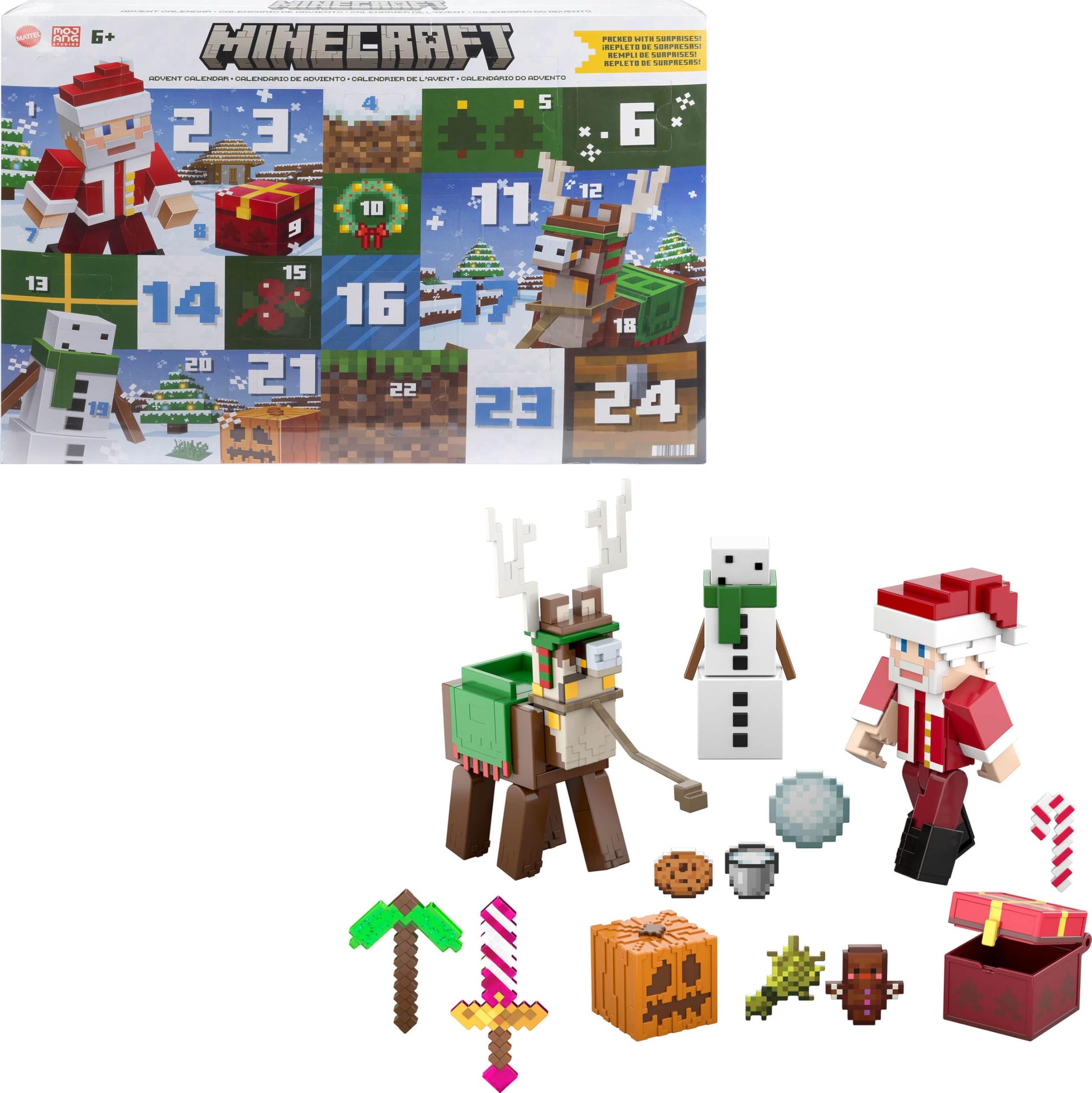 Mattel Minecraft Advent Calendar with 3 Action Figures, 17 Accessories & 4 Stickers, 24 Daily Surprises Include 3.25-inch Santa & More - Medaid International