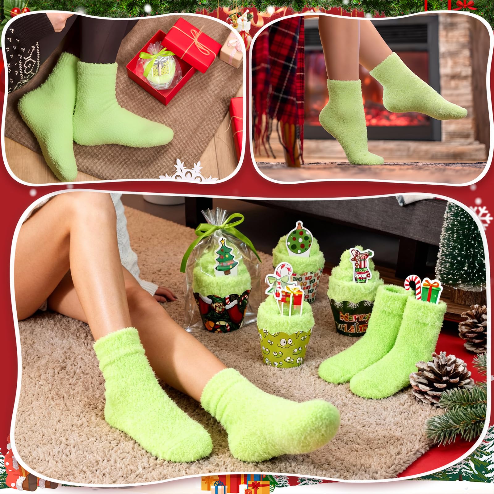 Suhine 12 Pairs Christmas Fuzzy Socks for Women, Elf Cupcake Gift Socks Xmas Green Stockings Bulk Christmas Basket Stuffers - Medaid International
