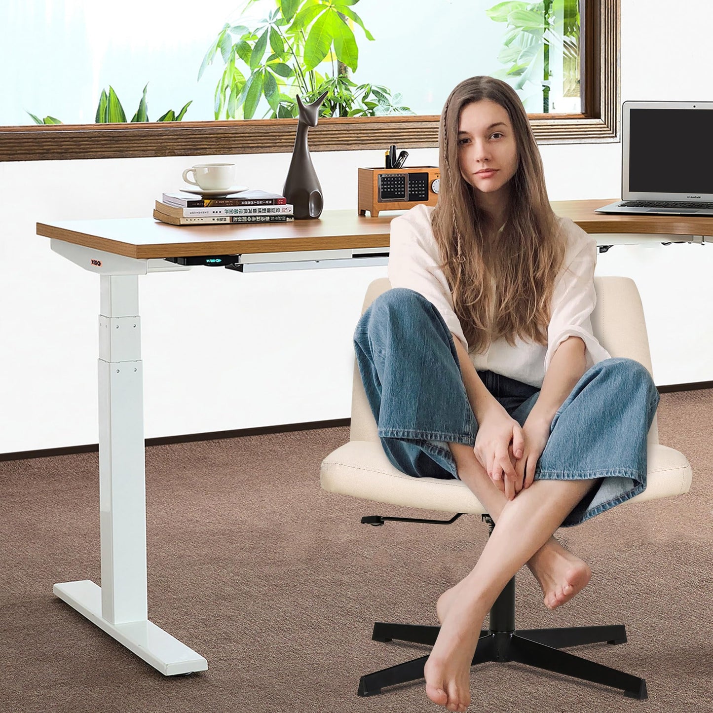 FDW Criss Cross Chair Armless Cross Legged Office Desk Chair Adjustable Swivel Ergonomic Desk Chair No Wheels U Shaped Backrest with Wide Seat Native Sponge Computer Task Vanity Chair for Home Office - Medaid International