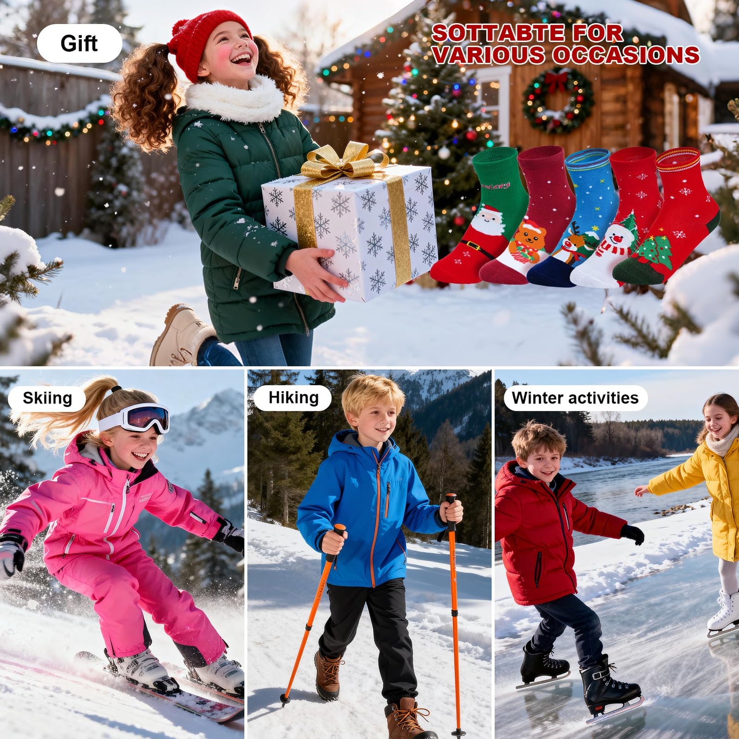 cnomg 5Pairs Christmas Socks for Kids Toddler Christmas Socks for Holiday Xmas Cute Sock for Boys Girls Children Gift(US, Age, 5 Years, 8 Years) - Medaid International