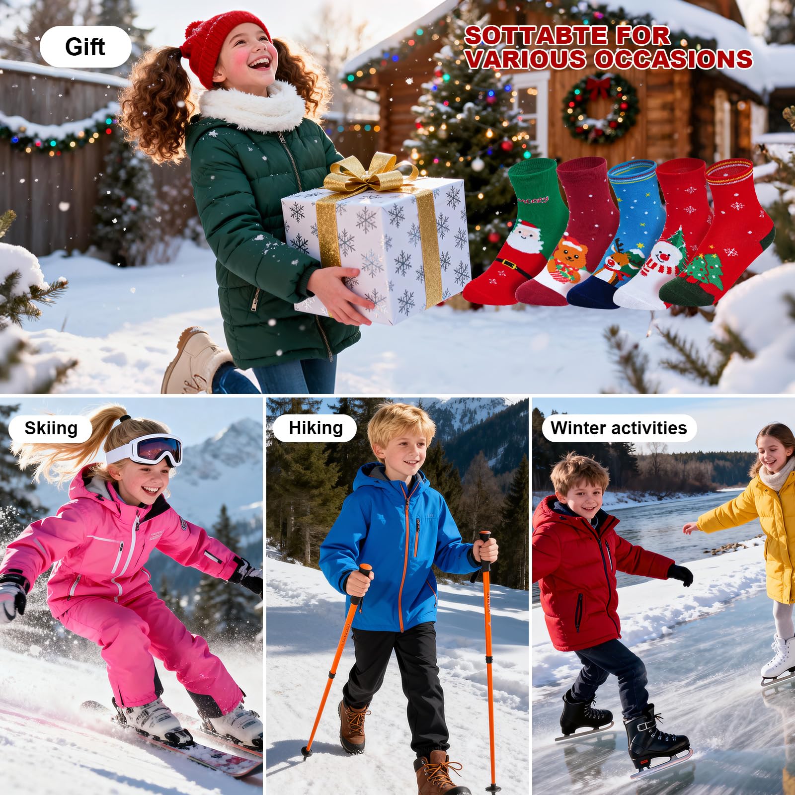 cnomg 5Pairs Christmas Socks for Kids Toddler Christmas Socks for Holiday Xmas Cute Sock for Boys Girls Children Gift(US, Age, 5 Years, 8 Years) - Medaid International
