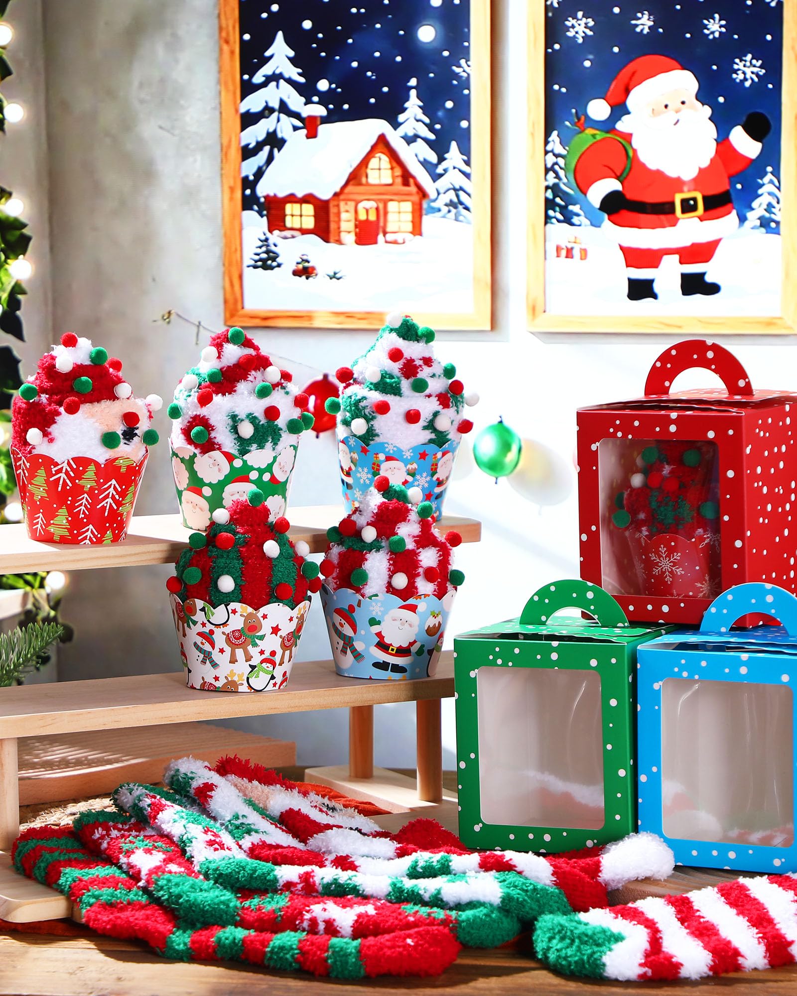 Foaincore 12 Pair Christmas Fuzzy Cupcake Socks Bulk Women Cozy Fluffy Socks Soft Winter Warm Plush Slipper Stocking with Gift Box Xmas Holiday Gifts for Her - Medaid International