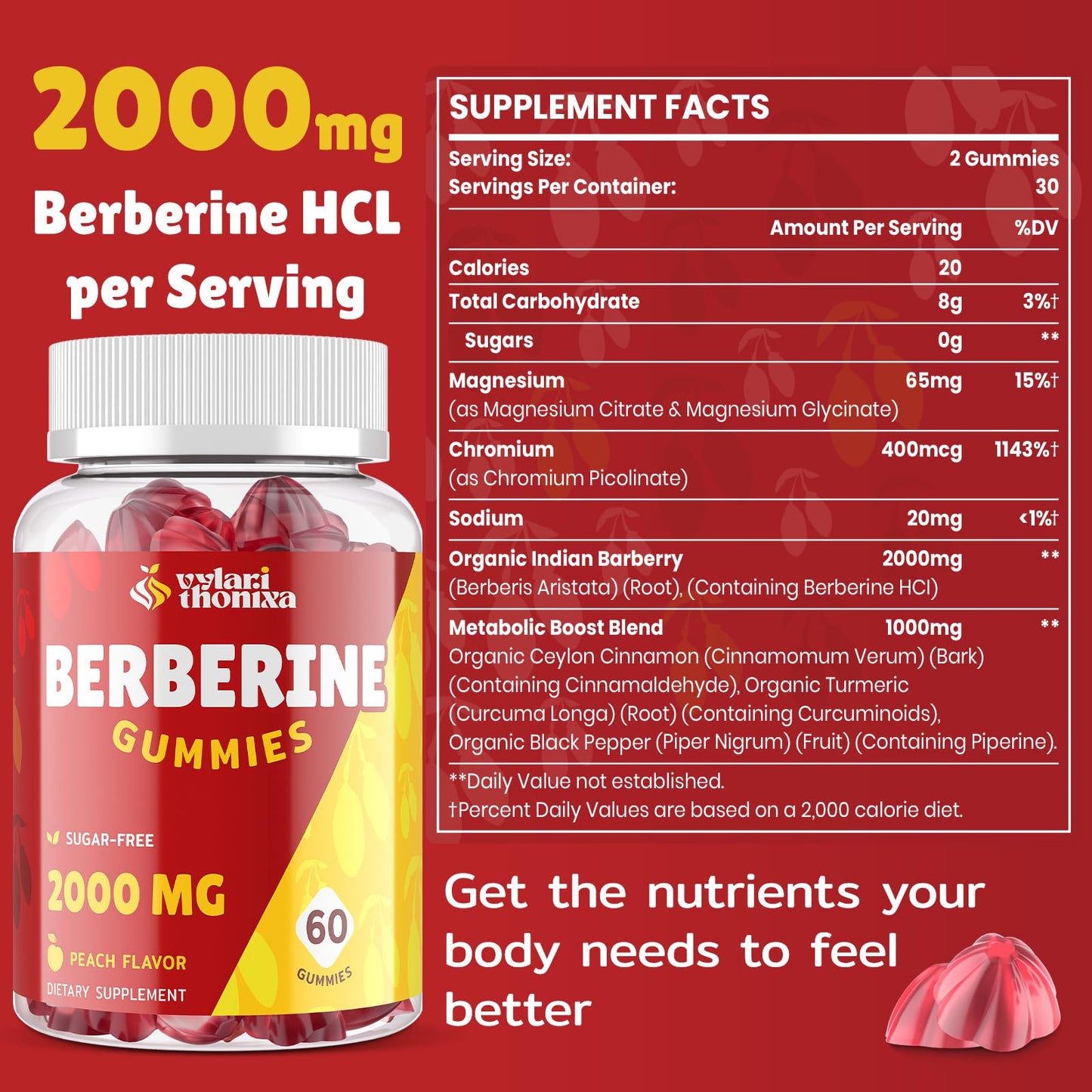 2000mg Berberine Supplement Gummies – High Potency Wellness Blend with Ceylon Cinnamon, Turmeric, Magnesium & Chromium, Vegan, Non-GMO, Gluten-Free, Peach Flavor, 60 Gummies - 1 Pack - Medaid International