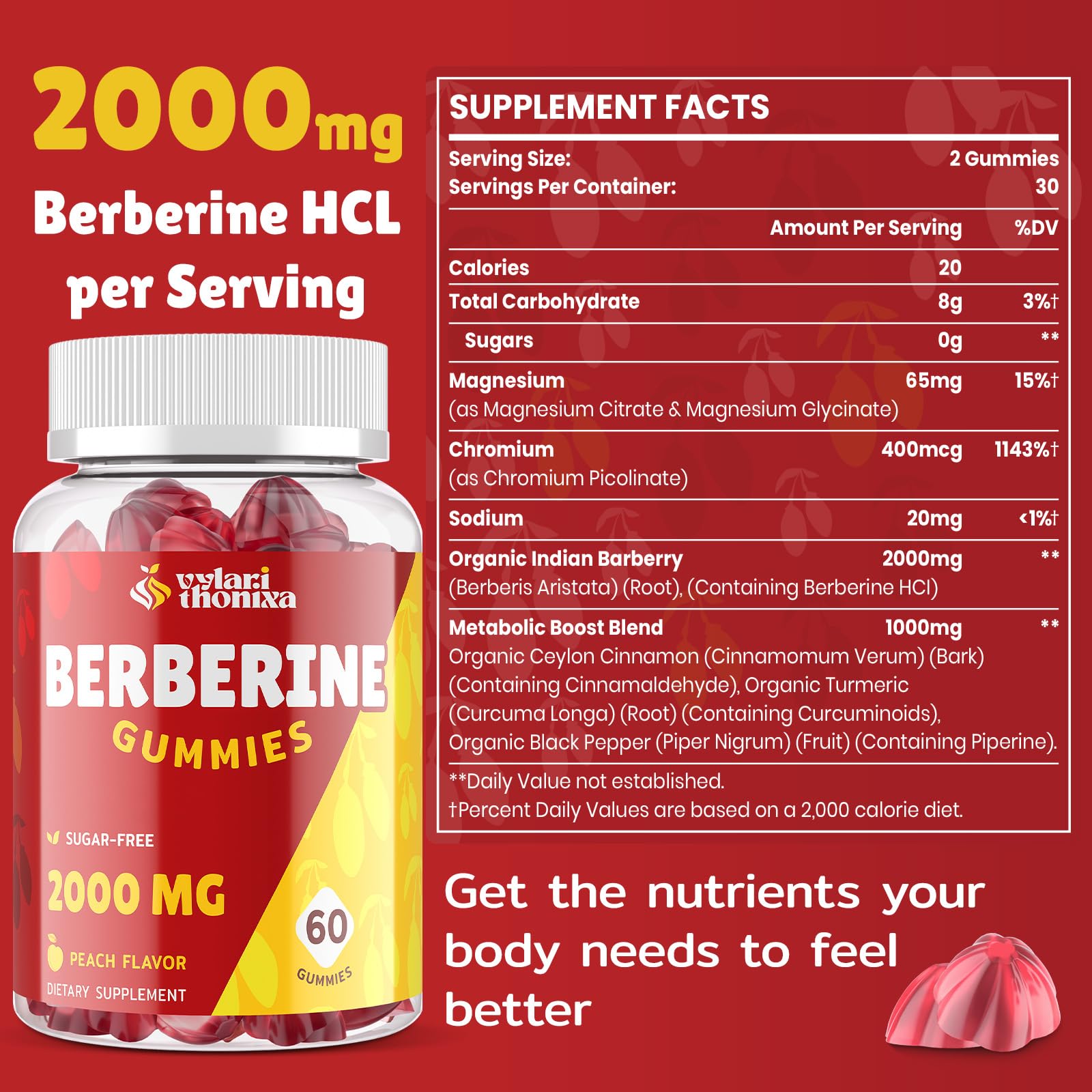 2000mg Berberine Supplement Gummies – High Potency Wellness Blend with Ceylon Cinnamon, Turmeric, Magnesium & Chromium, Vegan, Non-GMO, Gluten-Free, Peach Flavor, 60 Gummies - 1 Pack - Medaid International