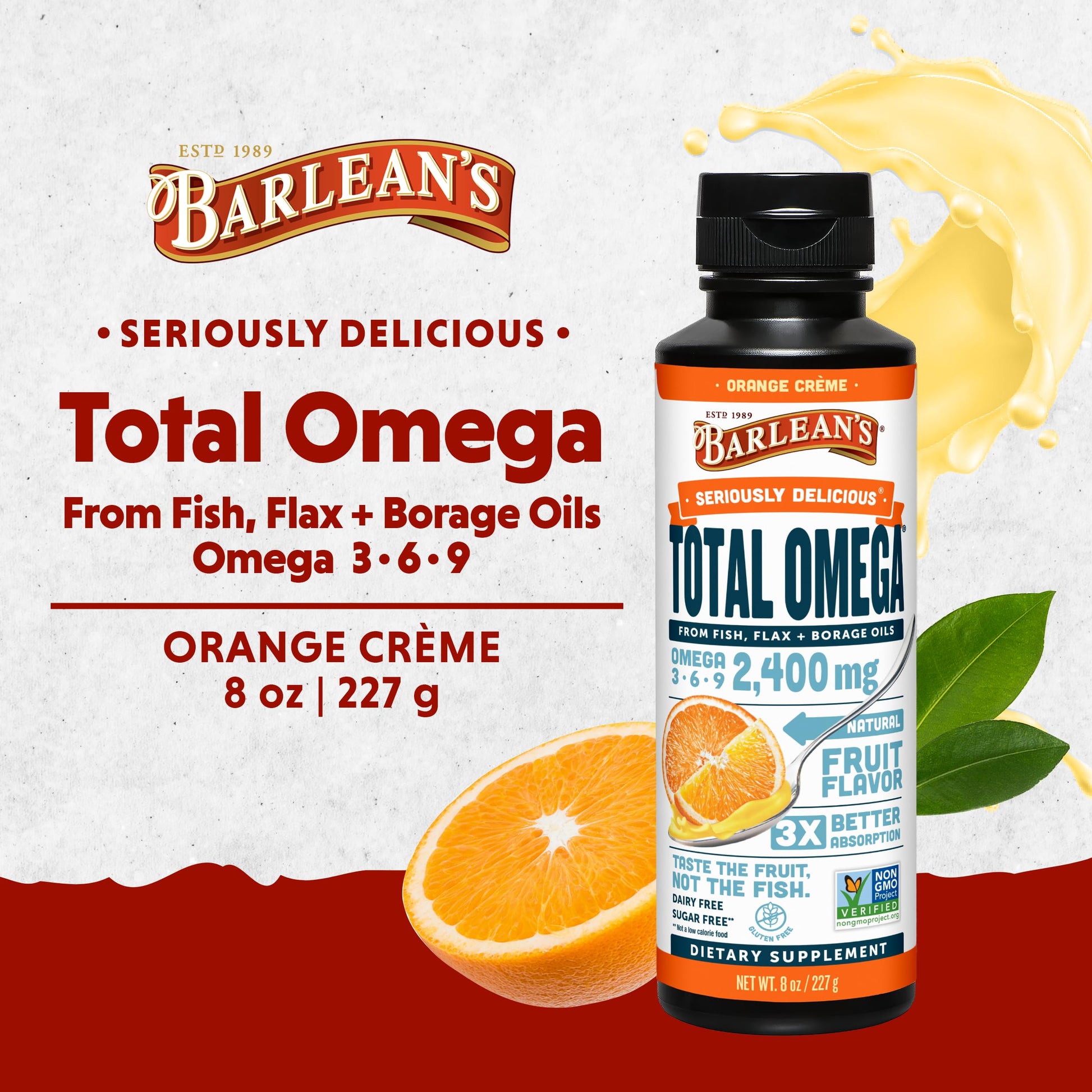 Barlean's Total Omega 3 6 9 Orange Crème Liquid Fish Oil Supplement with Borage and Flaxseed Oil, 2,400 mg of Omegas EPA and DHA Plus GLA for Joint and Heart Health, 8 oz - Medaid International