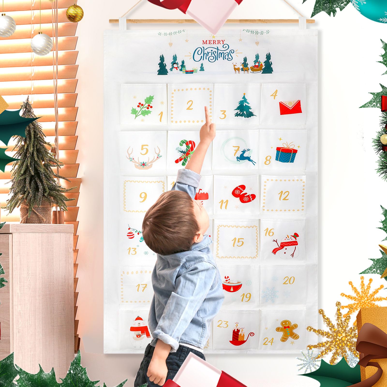 HOWAF 2025 Christmas Advent Calendar (Countdown to Christmas), 24 Days Mystery Christmas Countdown Calendar with 24 Pockets for Xmas Holiday Home Wall Decoration, White Gold Xmas Calendars - Medaid International