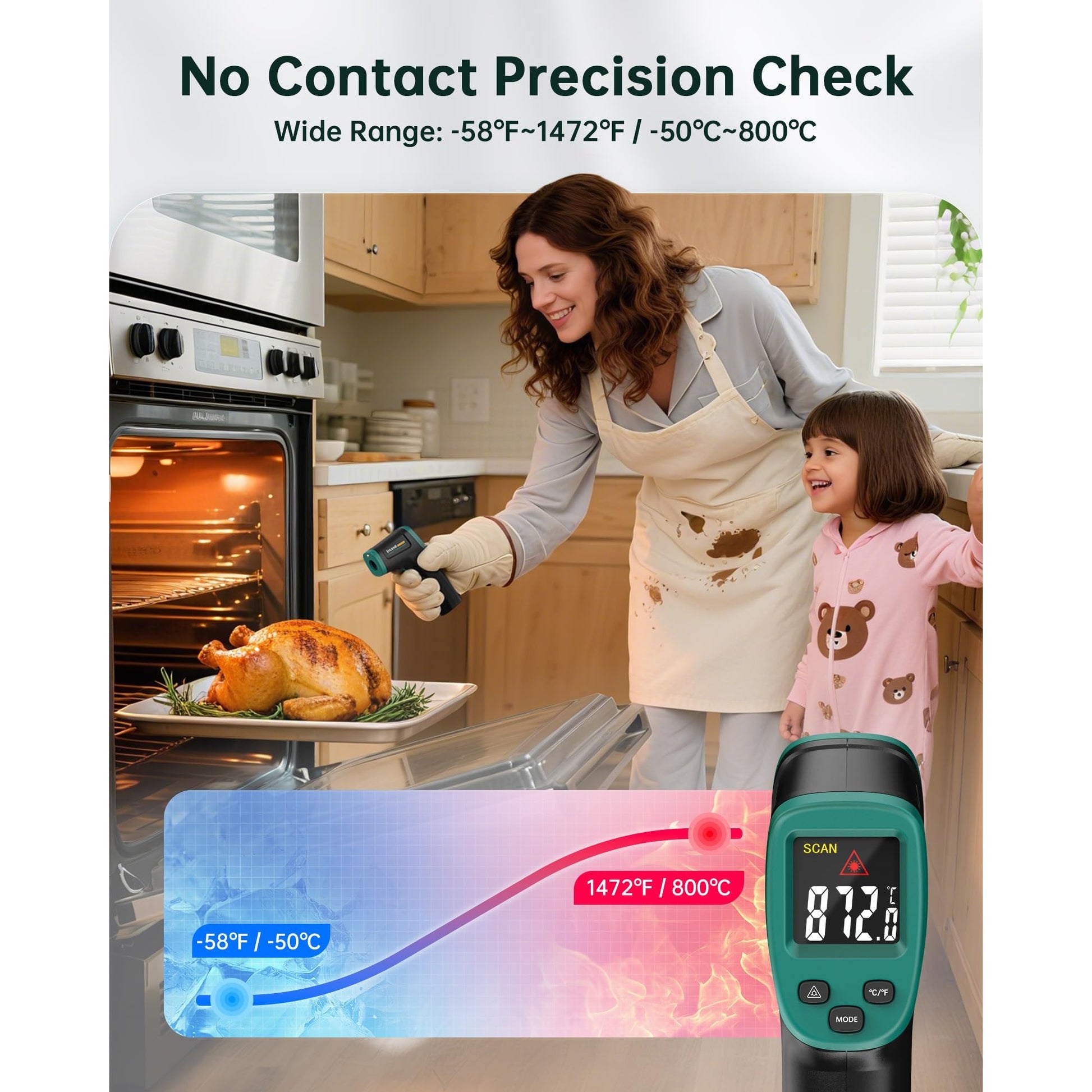 ERICKHILL ROOKMAX Infrared Thermometer Gun, Non-Contact Laser, Adjustable Emissivity, Color LCD, -58°F to 1472°F (-50°C to 800°C), for HVAC, Cooking & BBQ, Automotive, Freezer - Dark Green - Medaid International