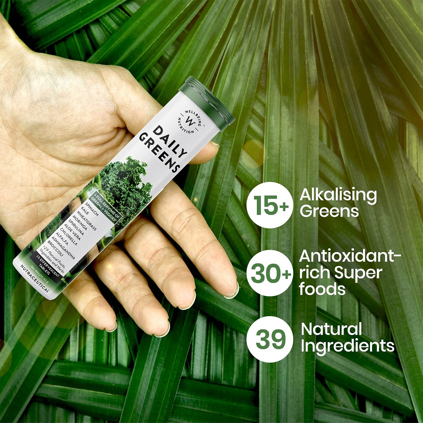 WELLBEING NUTRITION Daily Greens, Wholefood Multivitamin with Vitamin C, Zinc, B6, B12 for Immunity and Detox with 39+ Organic Certified Plant Superfoods & Antioxidants(15Tabs x 2) (63 g (Pack of 2)) - Medaid International