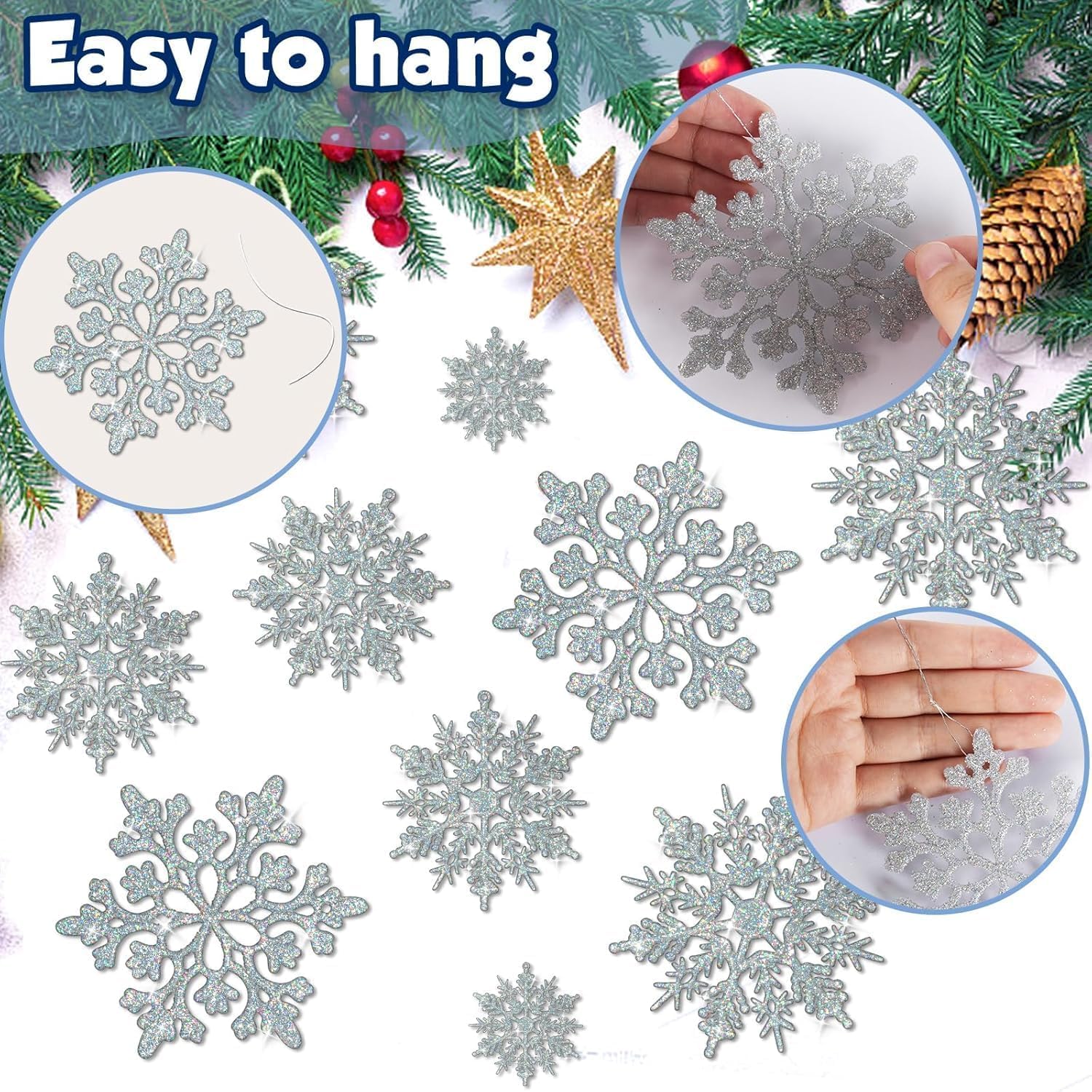 18Pcs Iridescent Silver Christmas Snowflake Hanging Ornaments, Plastic Sparkling Glitter Hanging Snow Flakes for Christmas Tree Decorations Winter Wonderland Frozen Birthday Party Holiday Home Decor - Medaid International