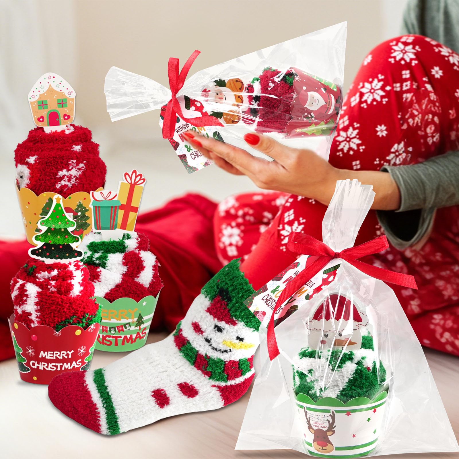 12 Pairs Christmas Fuzzy Socks Christmas Cupcake Fuzzy Socks DIY Gift Set for Women and Girls Xmas Thick Cozy Bed Sock with Greeting Cards for Adult Kids Party Home Indoor Sleeping Xmas Holiday - Medaid International
