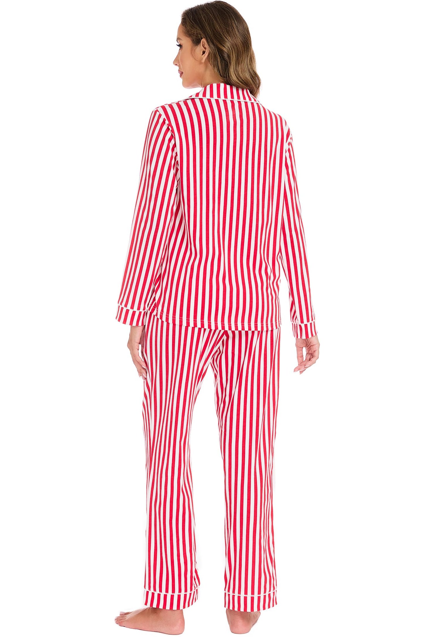 LUBOT Christmas Pajamas for Women 100% Cotton Pajama Set 2 Piece Soft Button Down Xmas Printed PJ Set Long Sleeve Sleepwear Loungewear (Red Stripe, L) - Medaid International