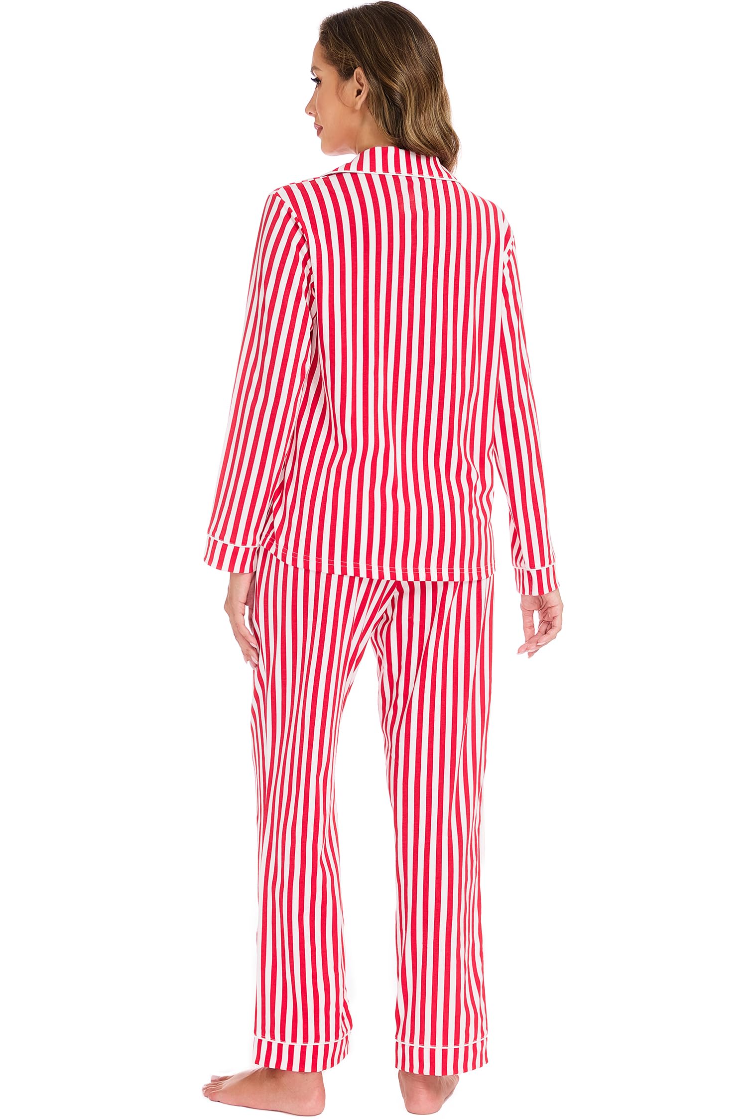 LUBOT Christmas Pajamas for Women 100% Cotton Pajama Set 2 Piece Soft Button Down Xmas Printed PJ Set Long Sleeve Sleepwear Loungewear (Red Stripe, L) - Medaid International