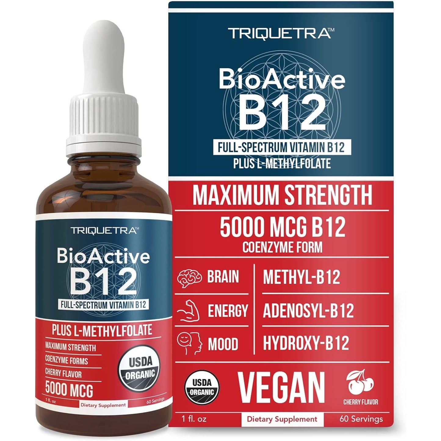 BioActive Vitamin B12 5000 mcg | Contains 3 BioActive B12 Forms Plus Methylfolate Cofactor - Methyl B12, Adenosyl B12 & Hydroxy B12 | Sublingual Form, Cherry Flavor, Organic, Vegan (60 Servings) - Medaid - Lebanon