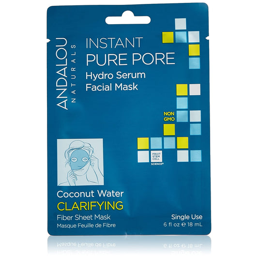 Andalou Naturals Instant Pure Pore Hydro Serum Facial Sheet Mask, Coconut Water, Clarifying, Non GMO, 0.6 Fluid Ounces (Pack Of 6) - Medaid International