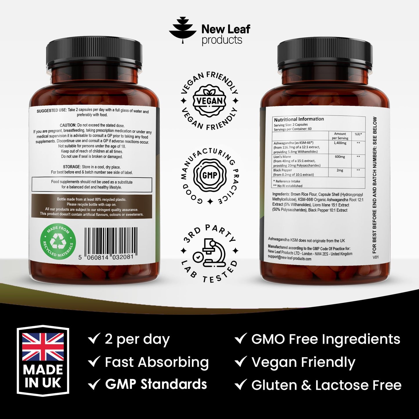 Ashwagandha KSM-66 and Lions Mane Capsules - High Strength 2000mg KSM-66 Ashwaghandha Root Extract and Lions Mane Mushroom Extract - 120 Vegan Capsules with Black Pepper - UK Made by New Leaf - Medaid International