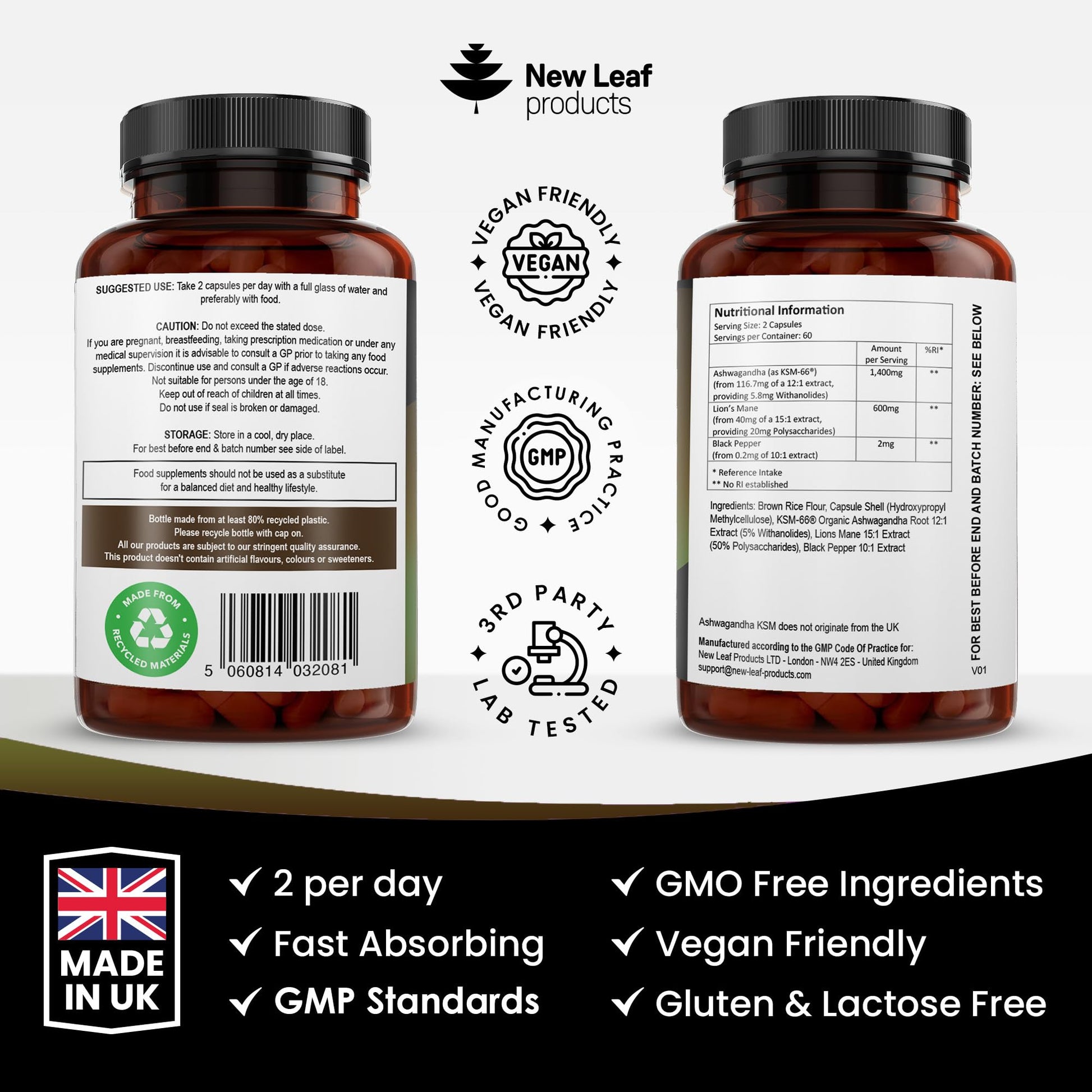 Ashwagandha KSM-66 and Lions Mane Capsules - High Strength 2000mg KSM-66 Ashwaghandha Root Extract and Lions Mane Mushroom Extract - 120 Vegan Capsules with Black Pepper - UK Made by New Leaf - Medaid International