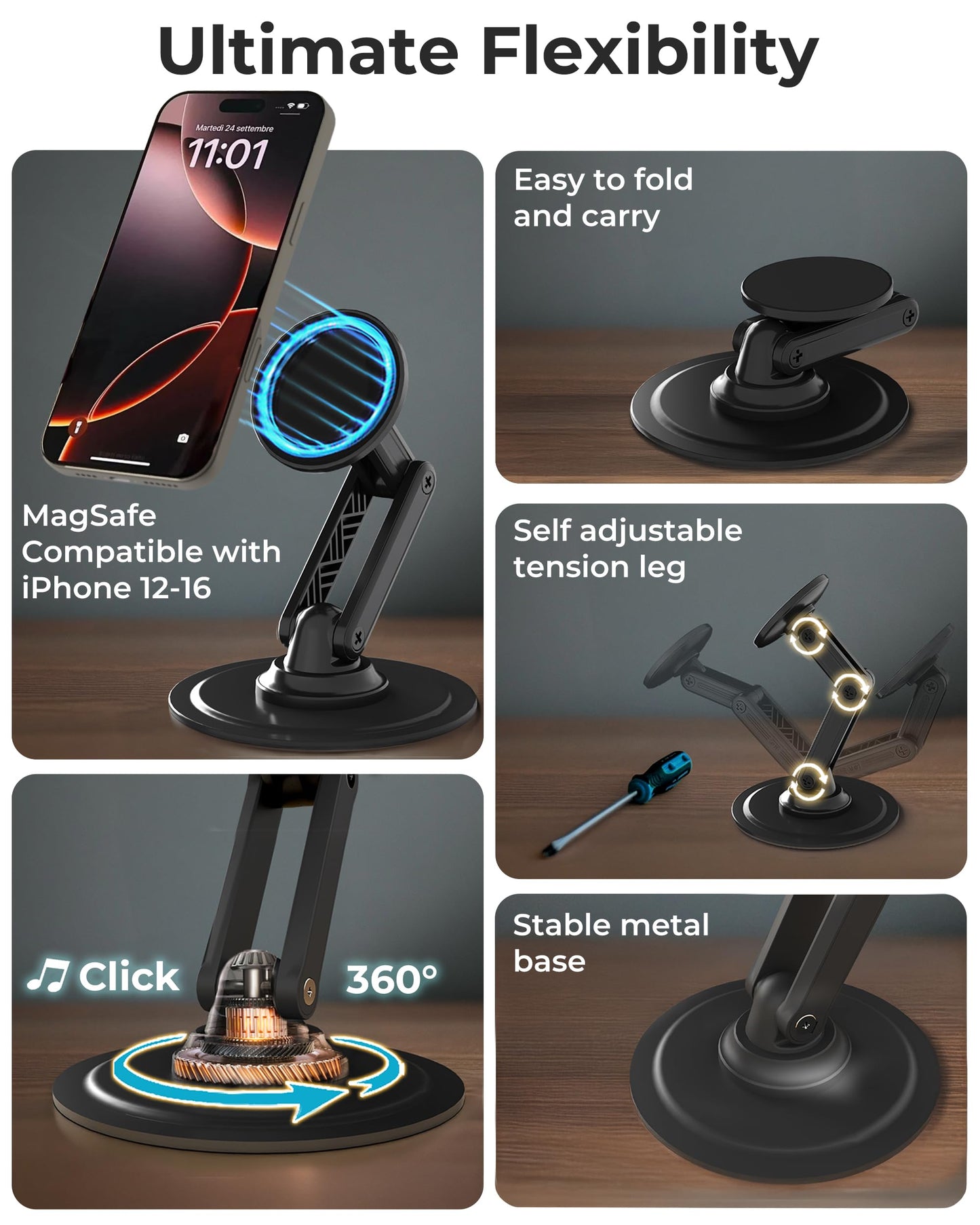 COOPER Mag360, Magnetic Phone Stand for Desk Compatible with MagSafe Phone Holder, 360° Adjustable, iPhone Desk Stand for iPhone 17 Pro Max/16/15/14/13/12, Incl 1 Metal Ring for Other Phones - Black - Medaid International