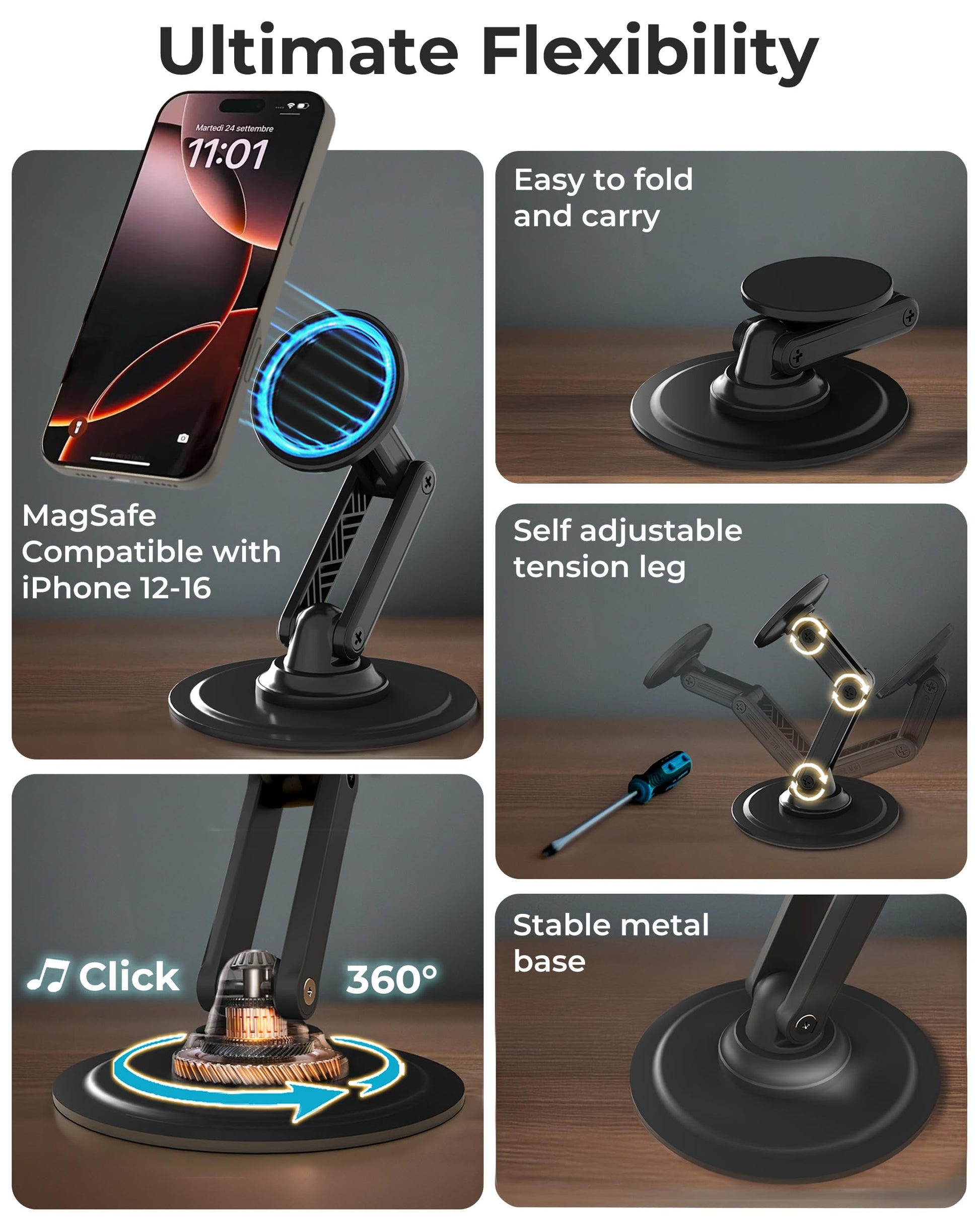 COOPER Mag360, Magnetic Phone Stand for Desk Compatible with MagSafe Phone Holder, 360° Adjustable, iPhone Desk Stand for iPhone 17 Pro Max/16/15/14/13/12, Incl 1 Metal Ring for Other Phones - Black - Medaid International