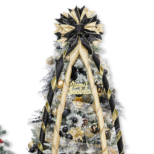 Hismir Christmas Tree Topper Bow, 53x13 Inches Large Christmas Bow with Glitter Streamer, Decorative Ribbon Bows for Xmas Tree Wreath Door Festival Home Decor(Black & Gold) - Medaid International