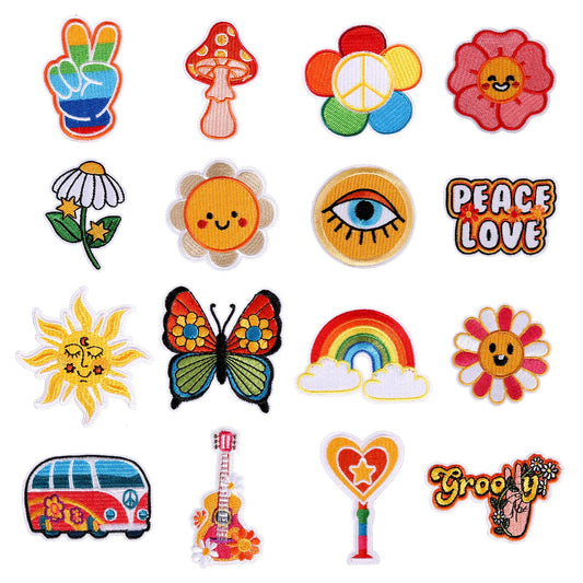 16pcs Hippie Retro Iron on Patches, Colored Embroidery Iron On Knee Patches Cute Applique Sew on Vintage Patches for Backpacks Boho DIY Craft Accessories Jean Clothes - Medaid International