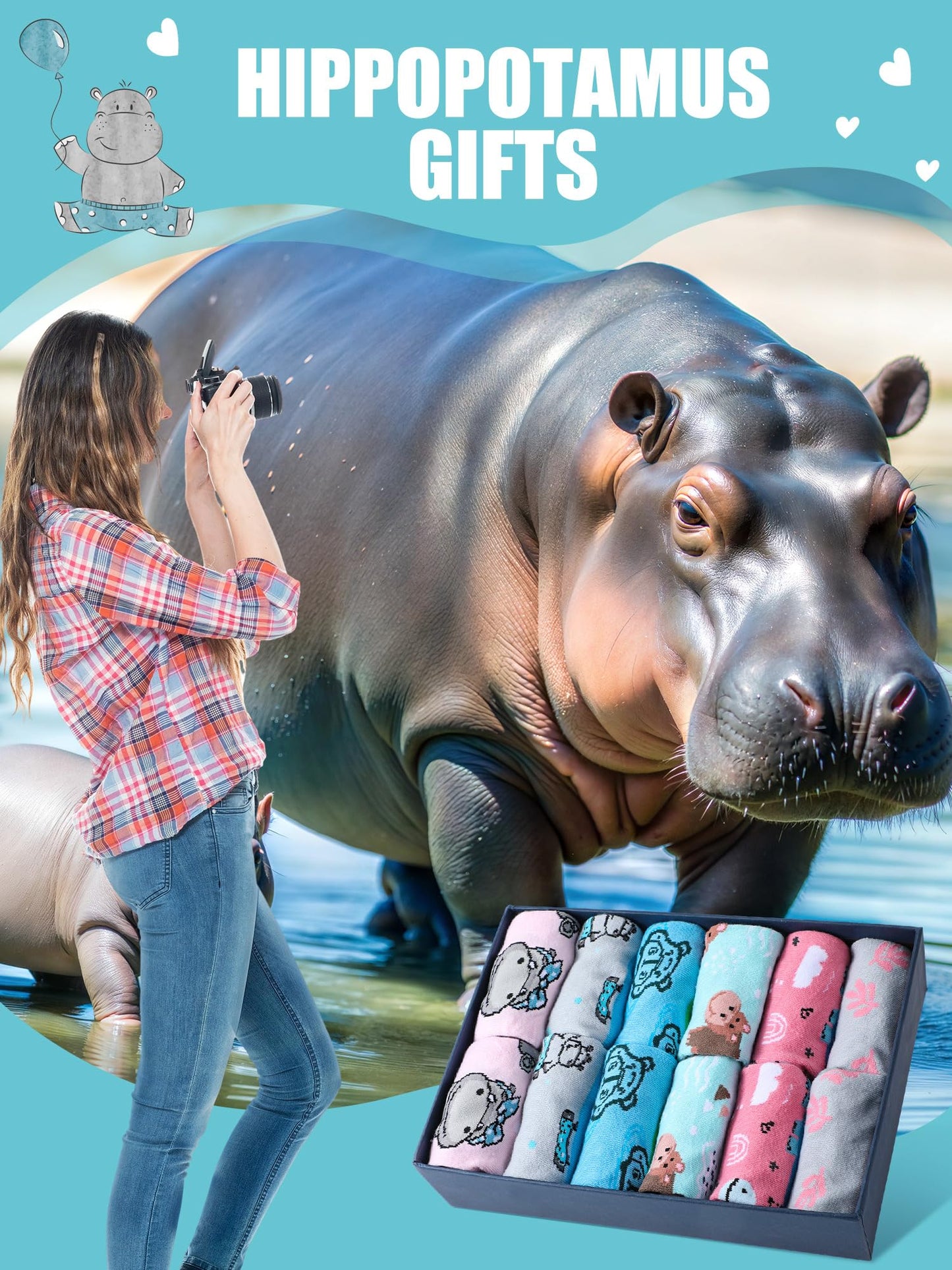 Shyyween 6 Pairs Funny Hippo Lover Gift for Women Men Novelty Animal Themed Cotton Crew Socks Xmas Stuffers Holiday Gift for Hippo Lover - Medaid International