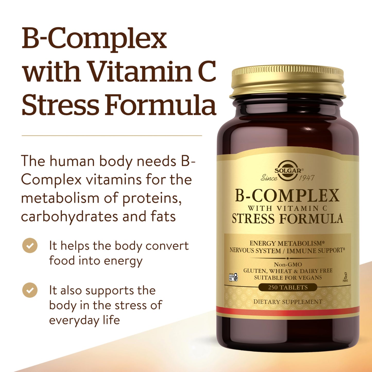 Solgar B-Complex with Vitamin C Stress Formula, 250 Tablets - Energy Metabolism, Nervous System & Immune Support - Non-GMO, Vegan, Gluten Free, Dairy Free, Kosher - 125 Servings - Medaid International