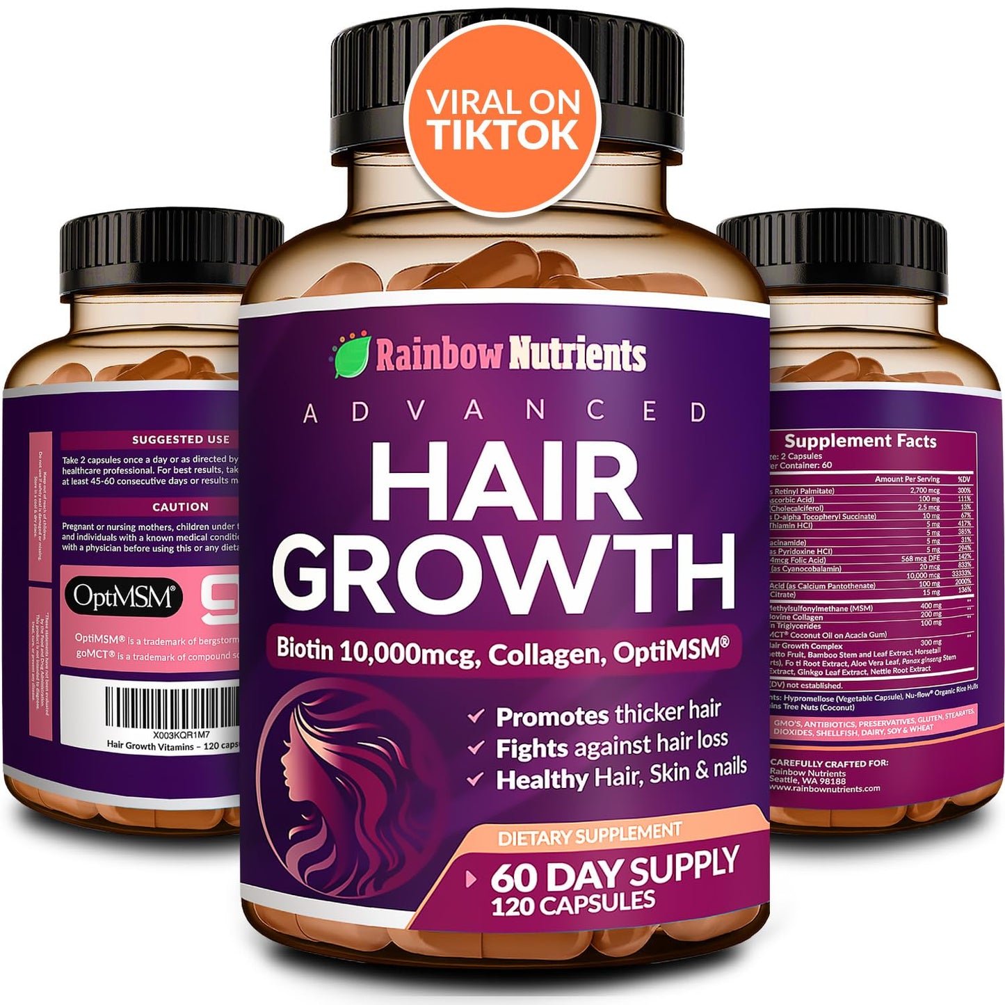 Hair Growth Vitamins for Women | Biotin 10,000mcg, Collagen, Patented OptiMSM®, goMCT®, Saw Palmetto | Naturally Regrow Stronger & Healthier Hair, Skin and Nails | Stops Hair Loss | 60 Day Supply - Medaid International