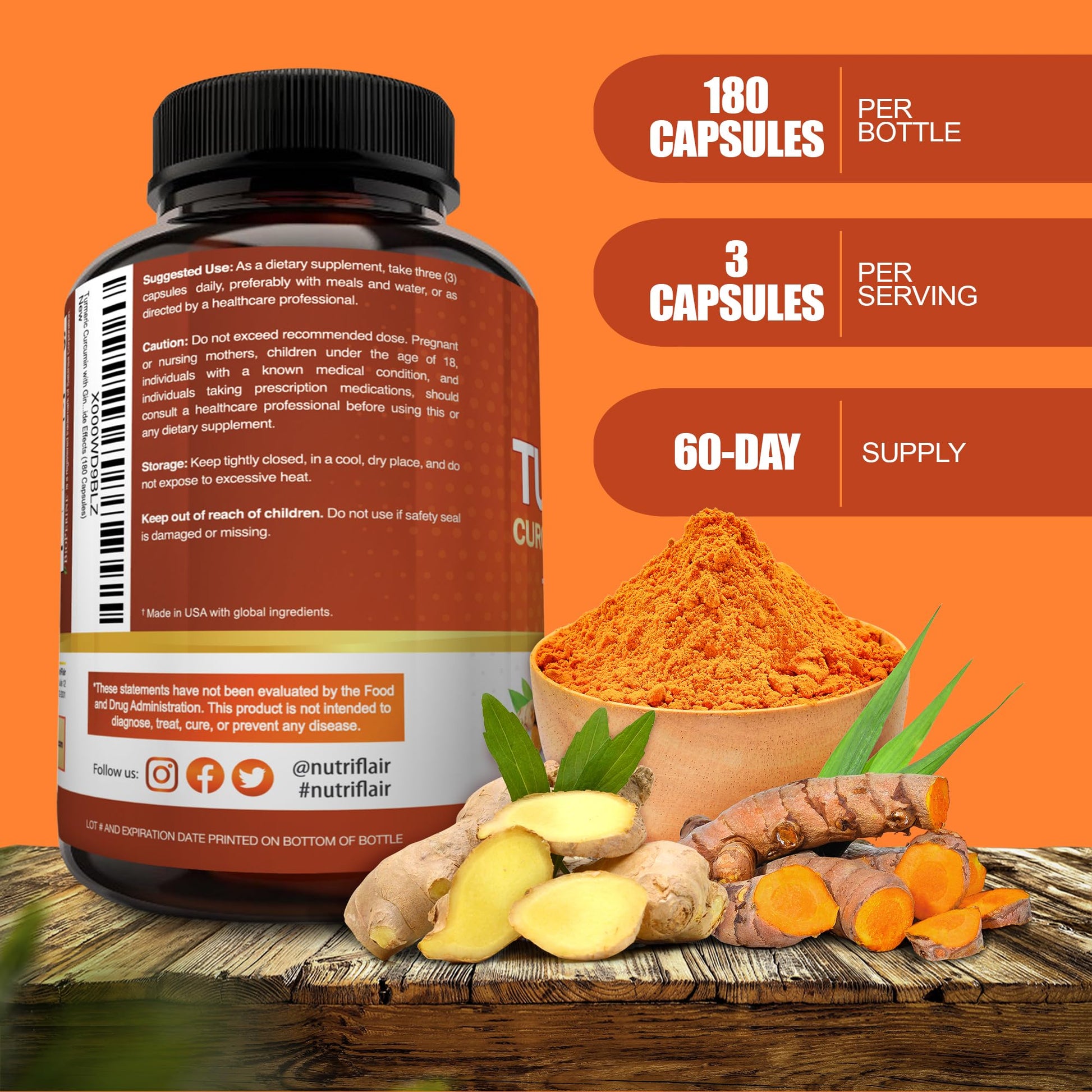NutriFlair Turmeric Curcumin with Ginger and BioPerine Black Pepper Supplements, 180 Capsules - 95% Curcuminoids - Joint Support, Antioxidant, Anti Aging - Natural, Non-GMO, Vegan Best Maximum Potency - Medaid International