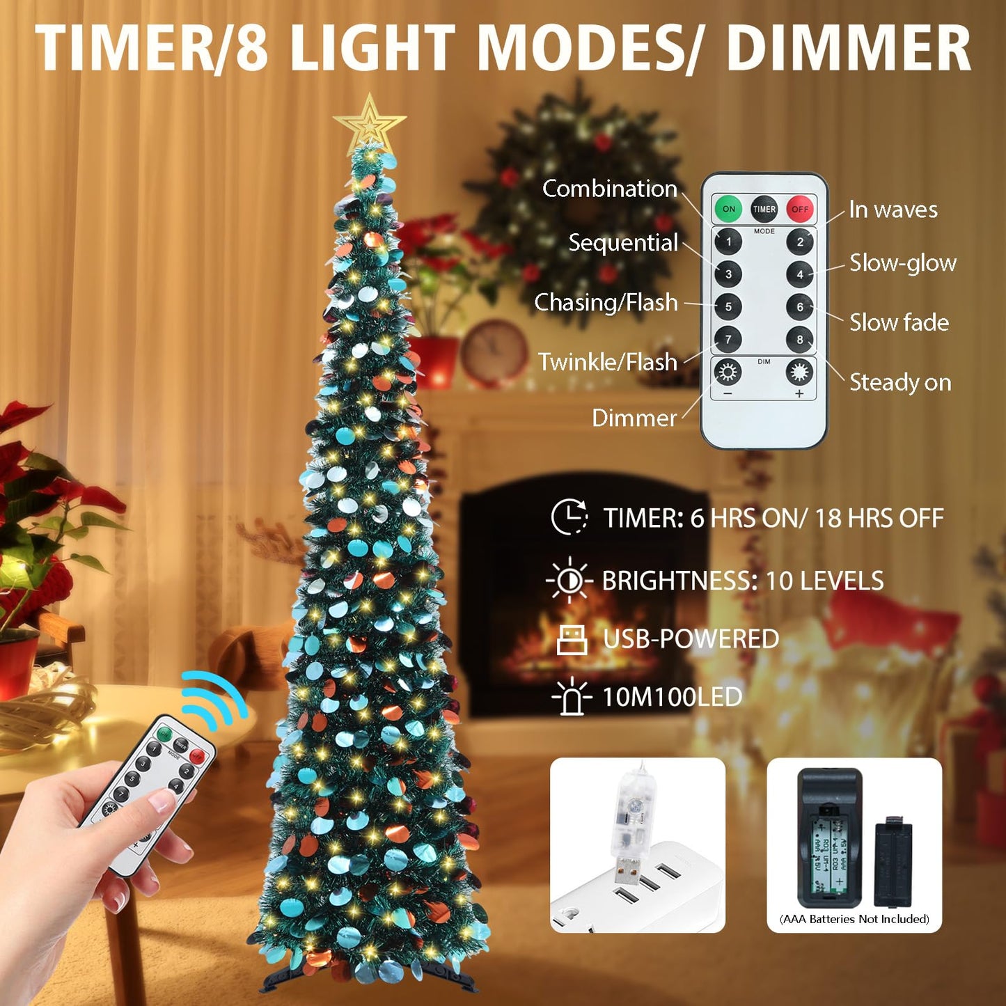 HMASYO 6 FT Pop Up Christmas Tree with 100 LED Lights & Remote, Green Christmas Tinsel Tree, Collapsible Artificial Pencil Tree for Home Office Party Decor, USB Powered Timer Lights, Easy Assembly - Medaid International