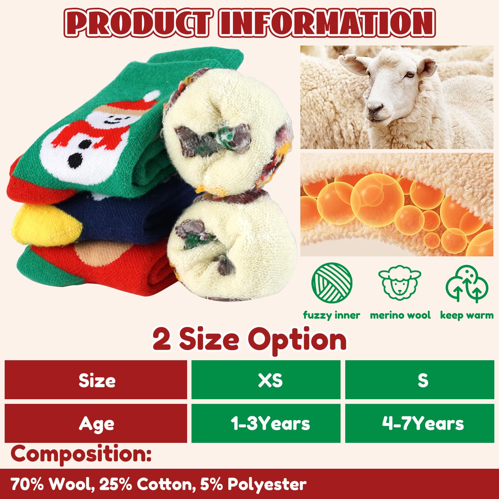 Merino Wool Christmas Socks for Toddler Boys Girls, Kids Hiking Winter Warm Cozy Thick Thermal Crew Boot Socks 4 Pairs - Medaid International